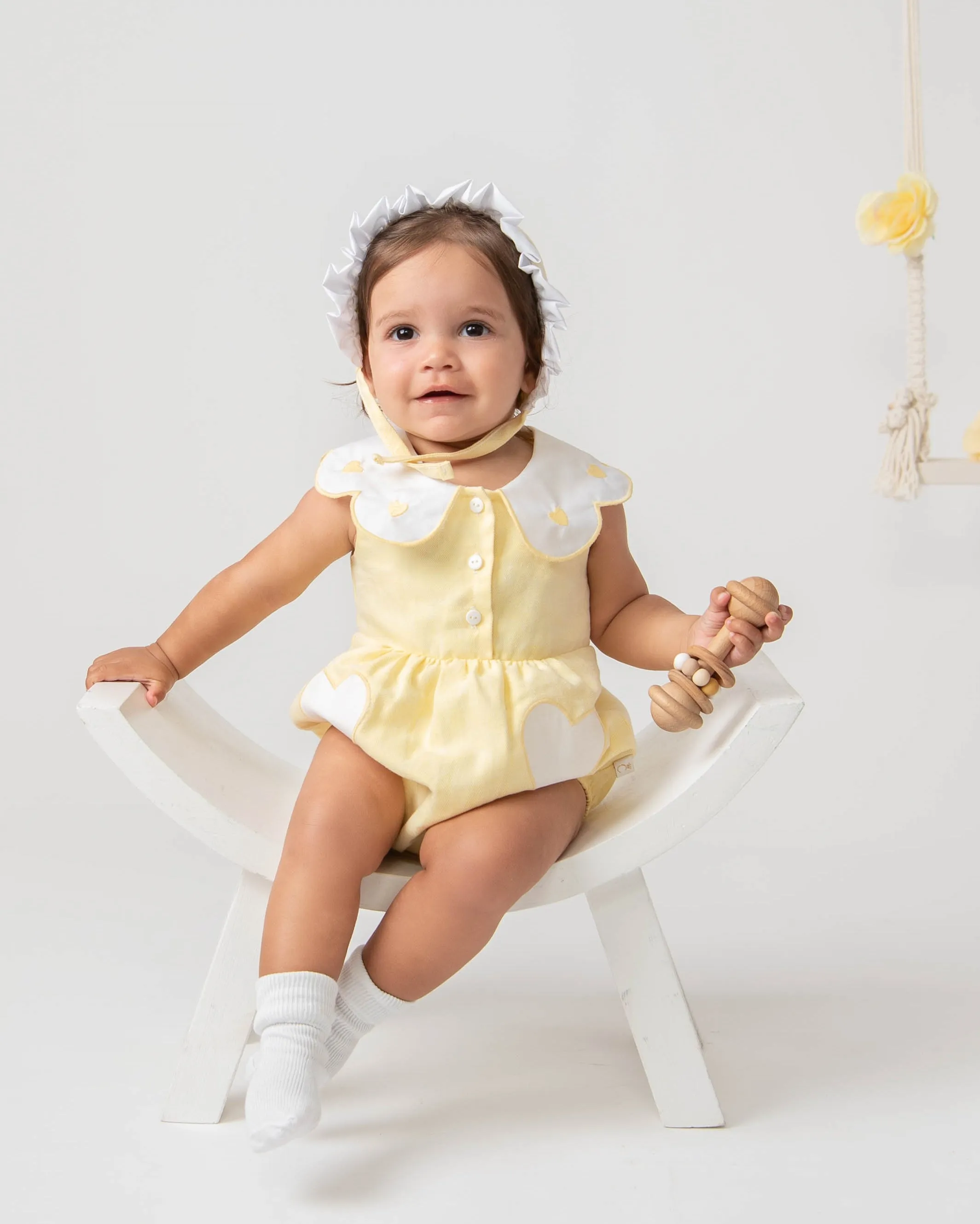 Lemon Linen Frill Heart Romper With Bonnet