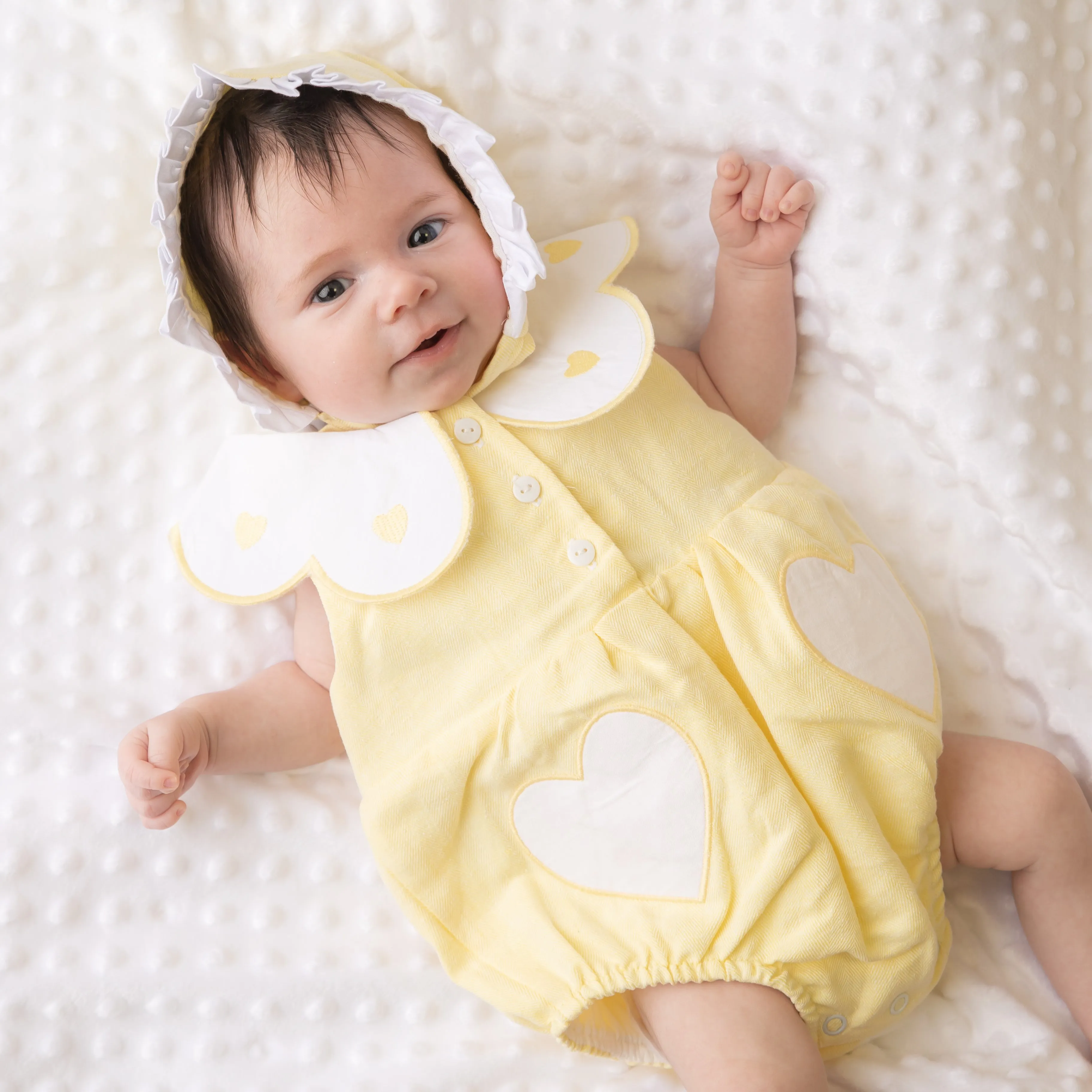 Lemon Linen Frill Heart Romper With Bonnet