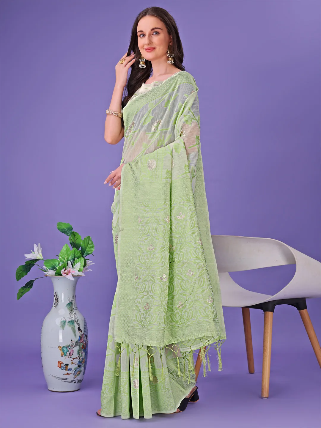 Light Green Linen Cotton Saree