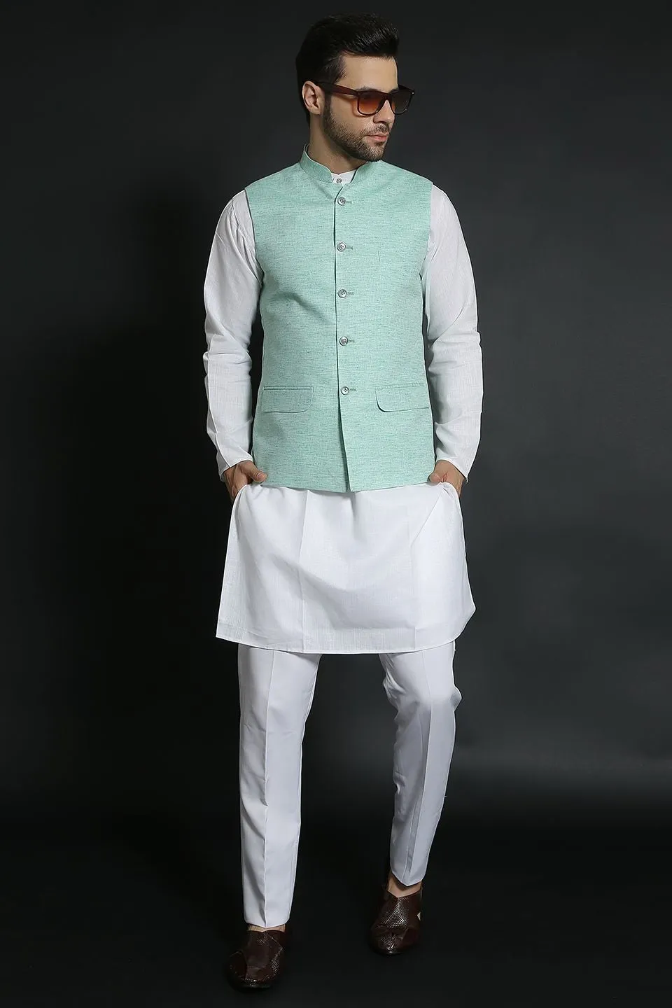 Linen Cotton Green Modi Nehru Jacket