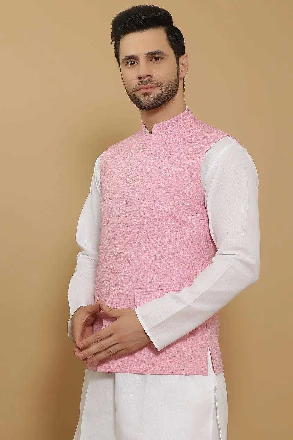 Linen Cotton Pink Modi Nehru Jacket