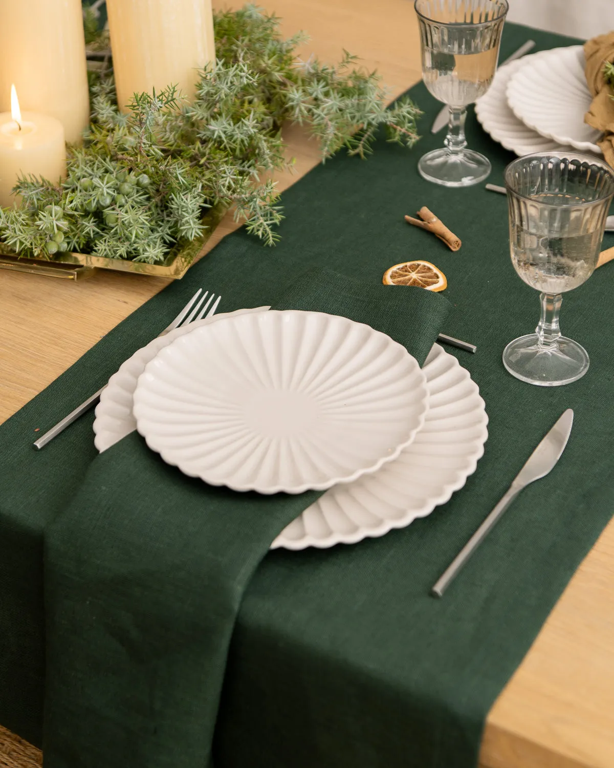 Linen table runner in dark green