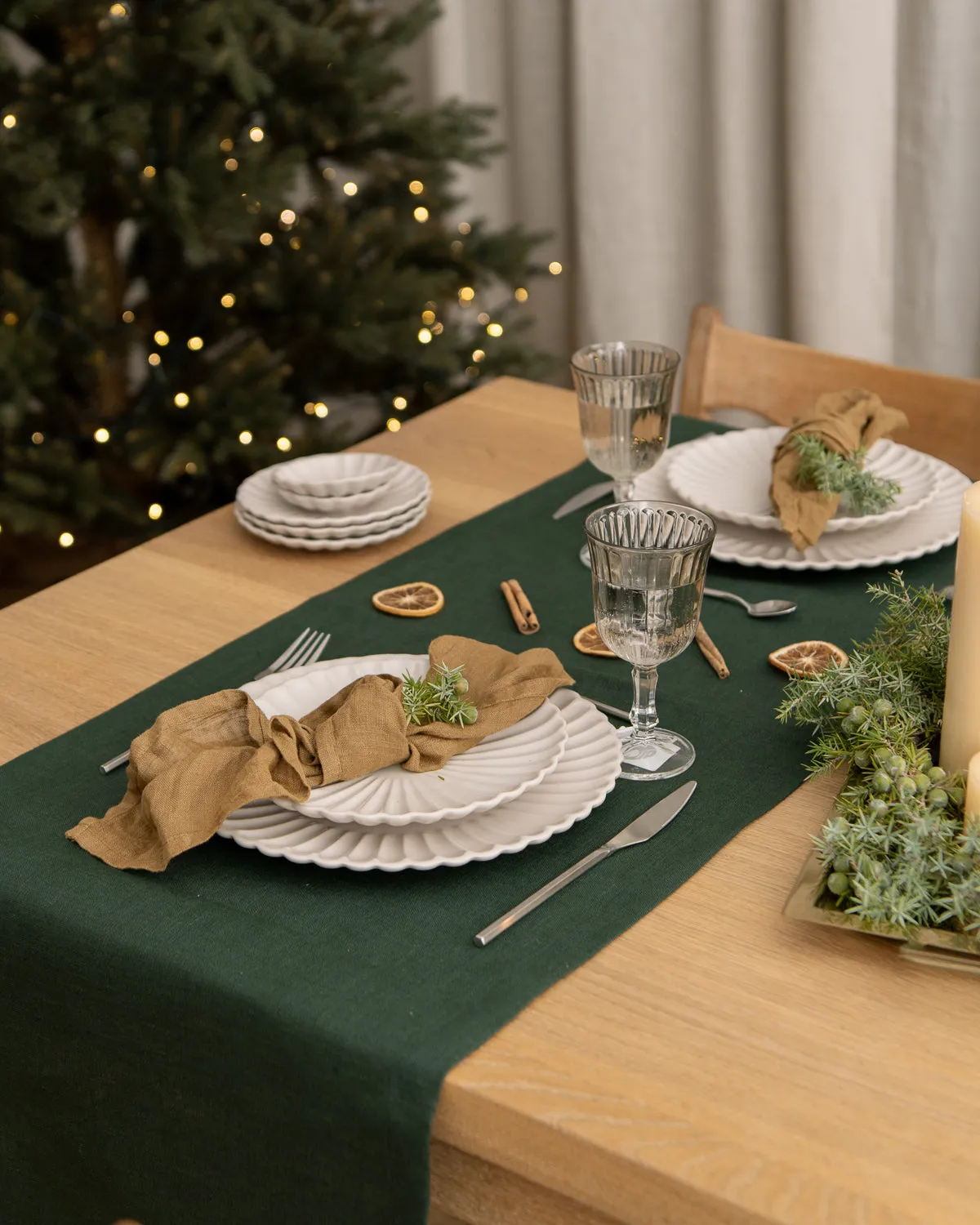 Linen table runner in dark green