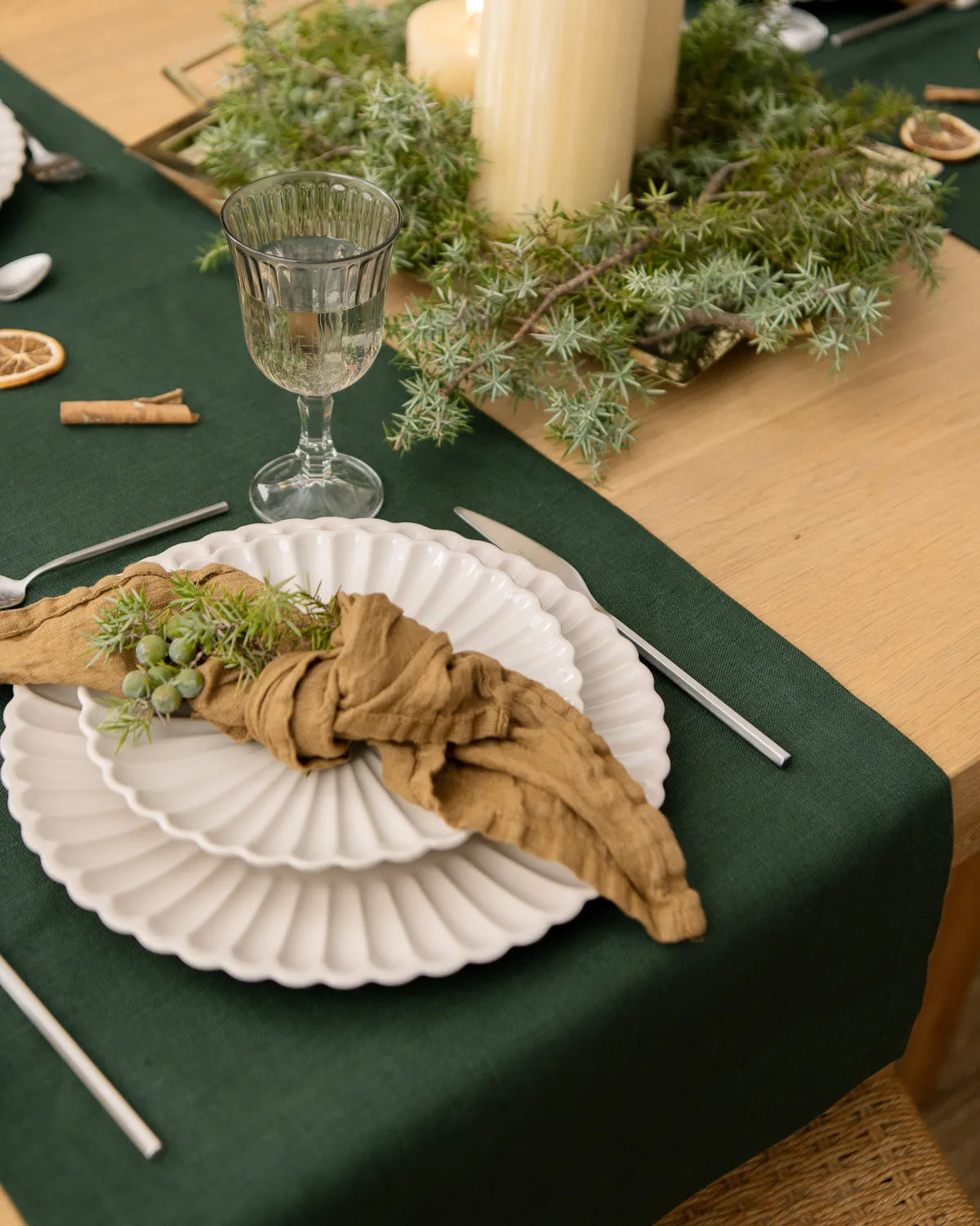 Linen table runner in dark green