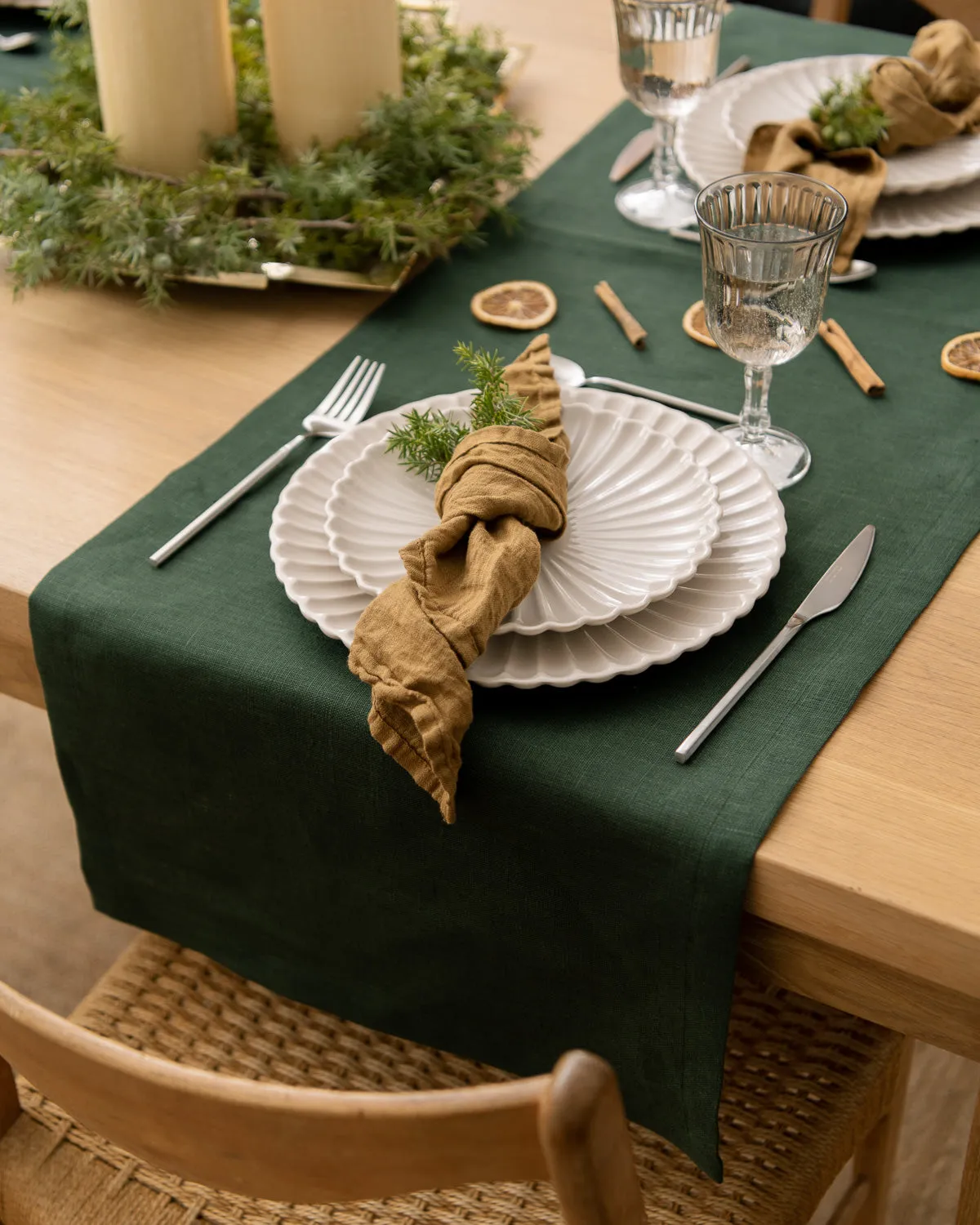 Linen table runner in dark green
