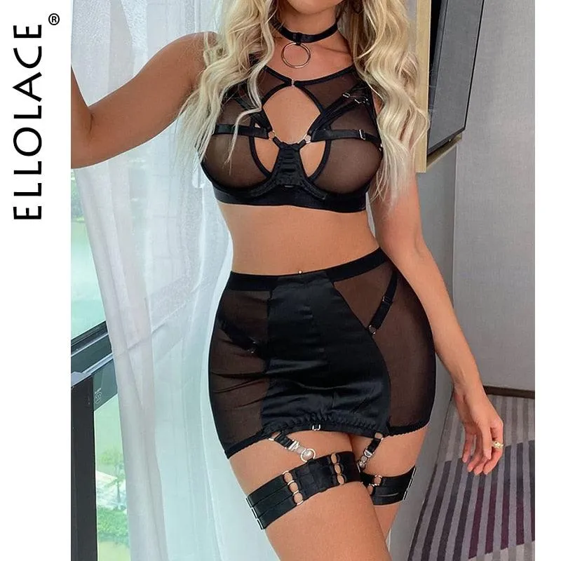 Lingerie 5-Pieces Fancy Underwear Transparent Bra, Garters and skirt