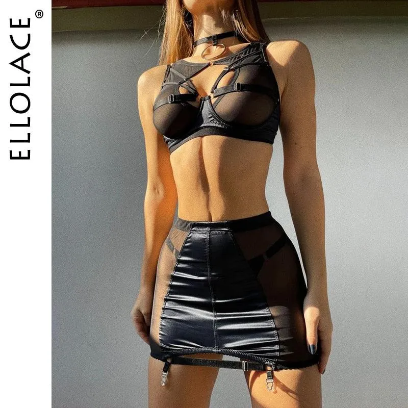 Lingerie 5-Pieces Fancy Underwear Transparent Bra, Garters and skirt