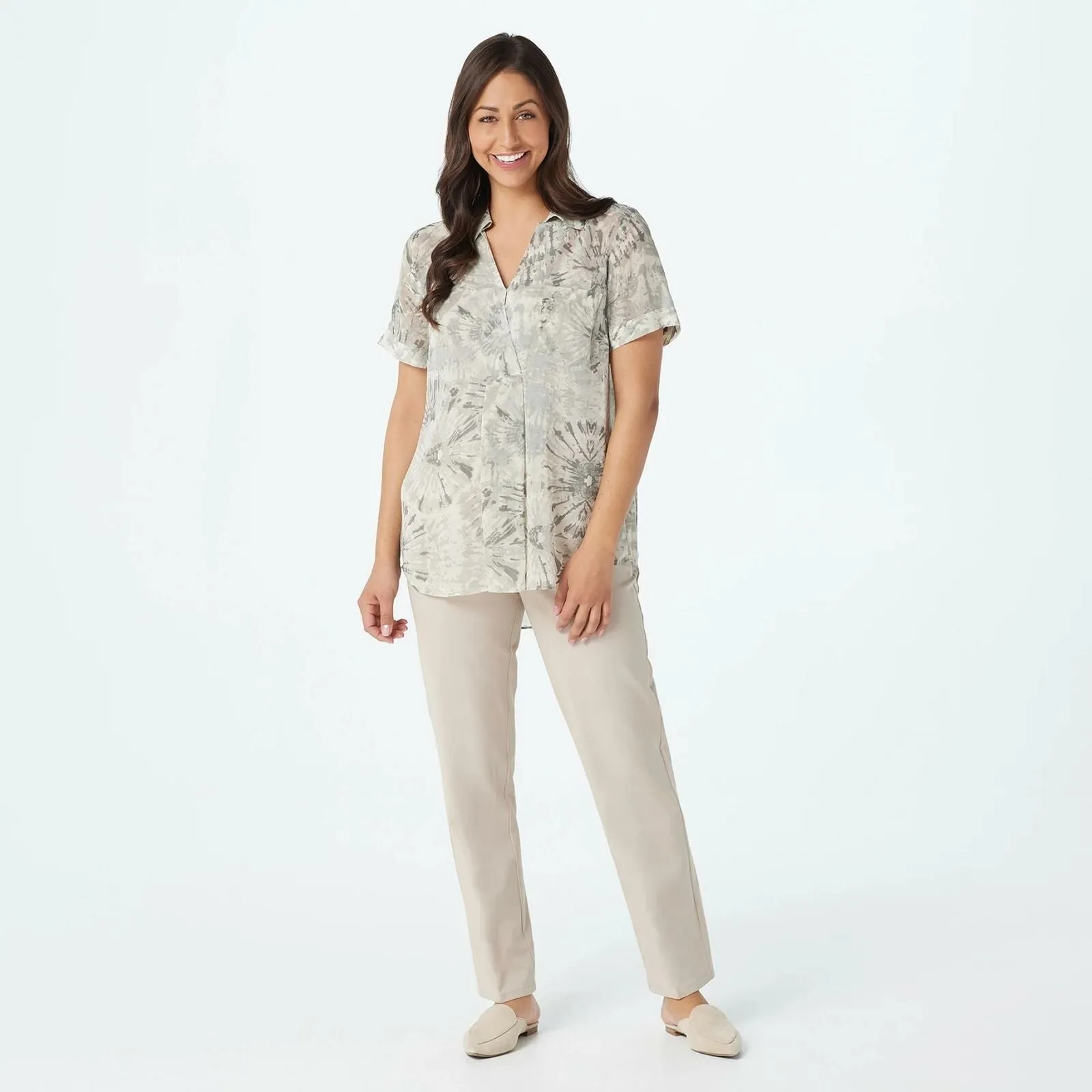 LOGO by Lori Goldstein Women's Plus Size Printed Front Pleat Woven Top