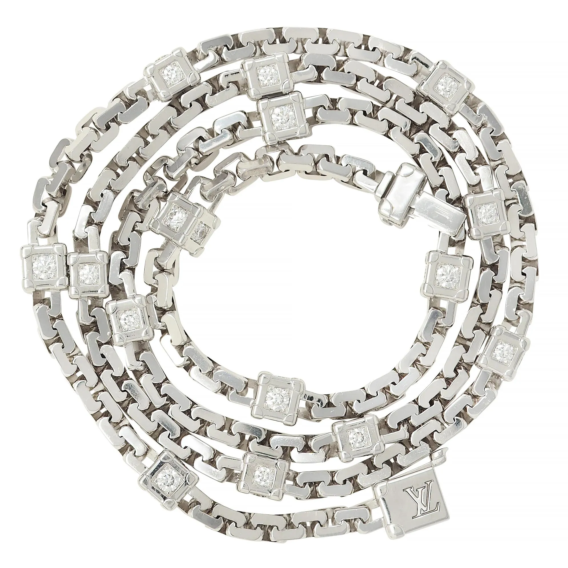 Louis Vuitton French Diamond 18 Karat White Gold Les Gastons Trunk Unisex Chain Necklace