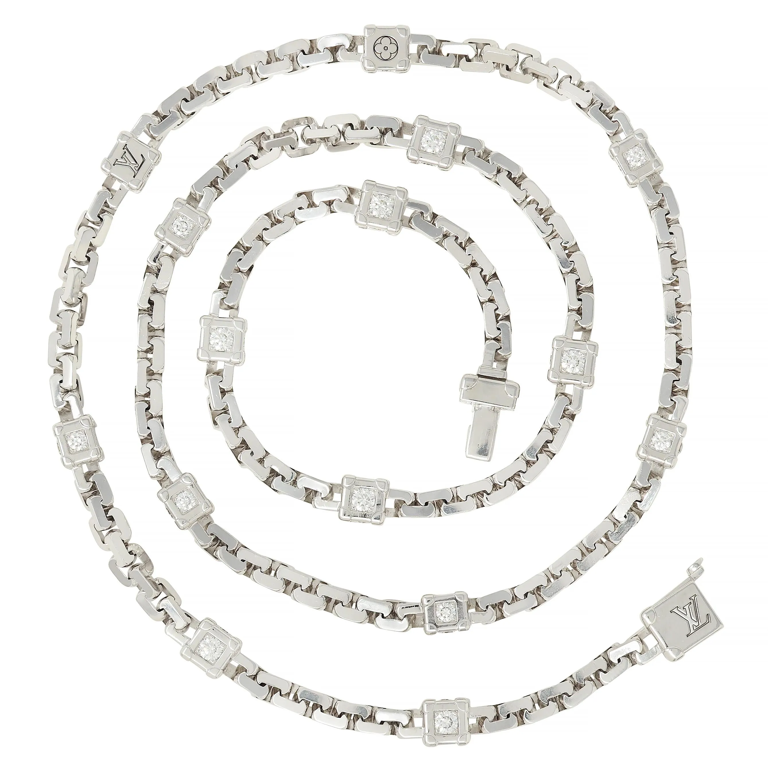 Louis Vuitton French Diamond 18 Karat White Gold Les Gastons Trunk Unisex Chain Necklace