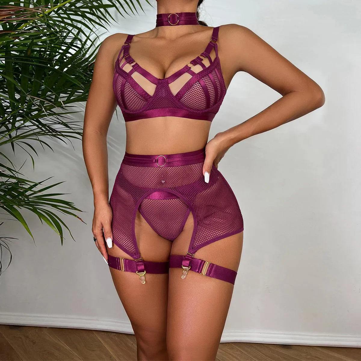 Luxury Hollow Out Exotic Set With Garters Half Cup See Through
