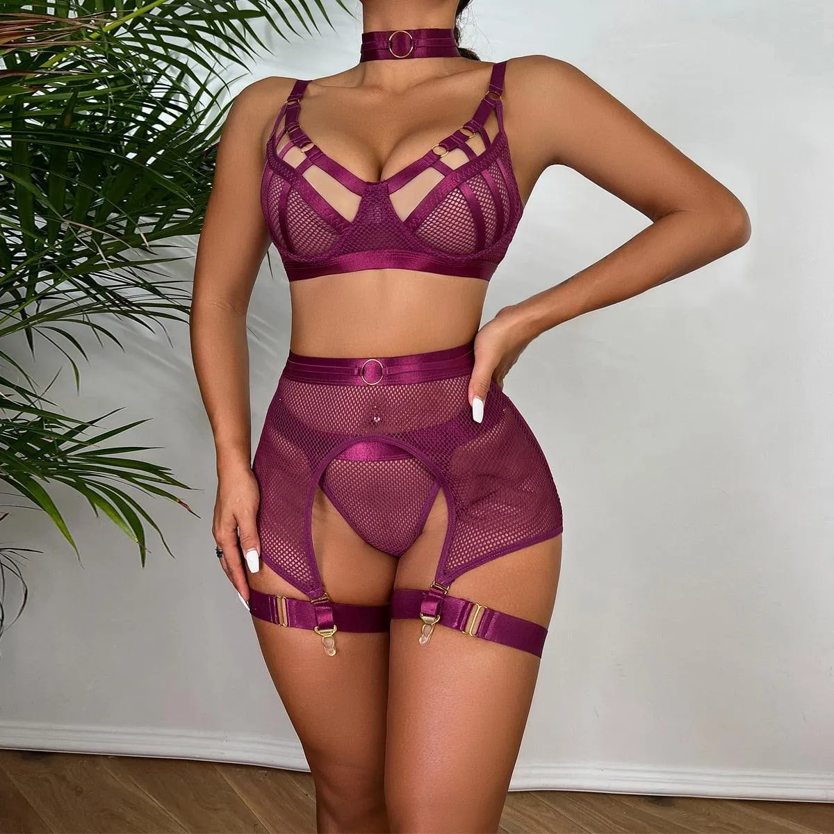 Luxury Hollow Out Exotic Set With Garters Half Cup See Through