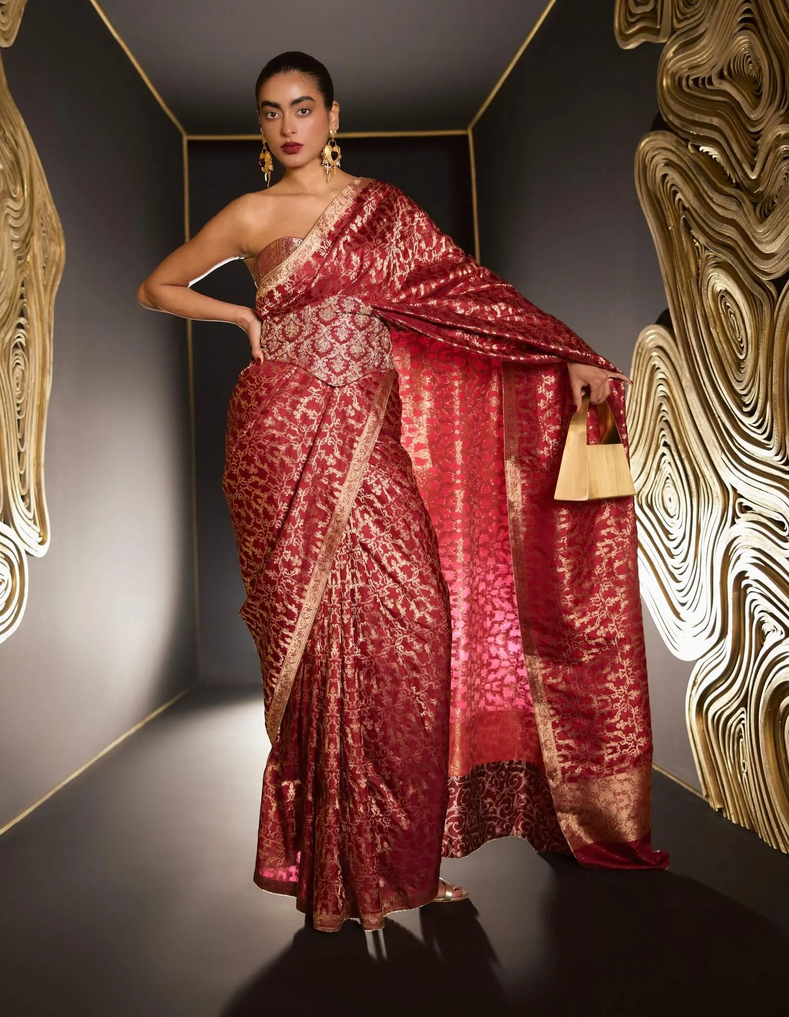 Maroon cutwork sari
