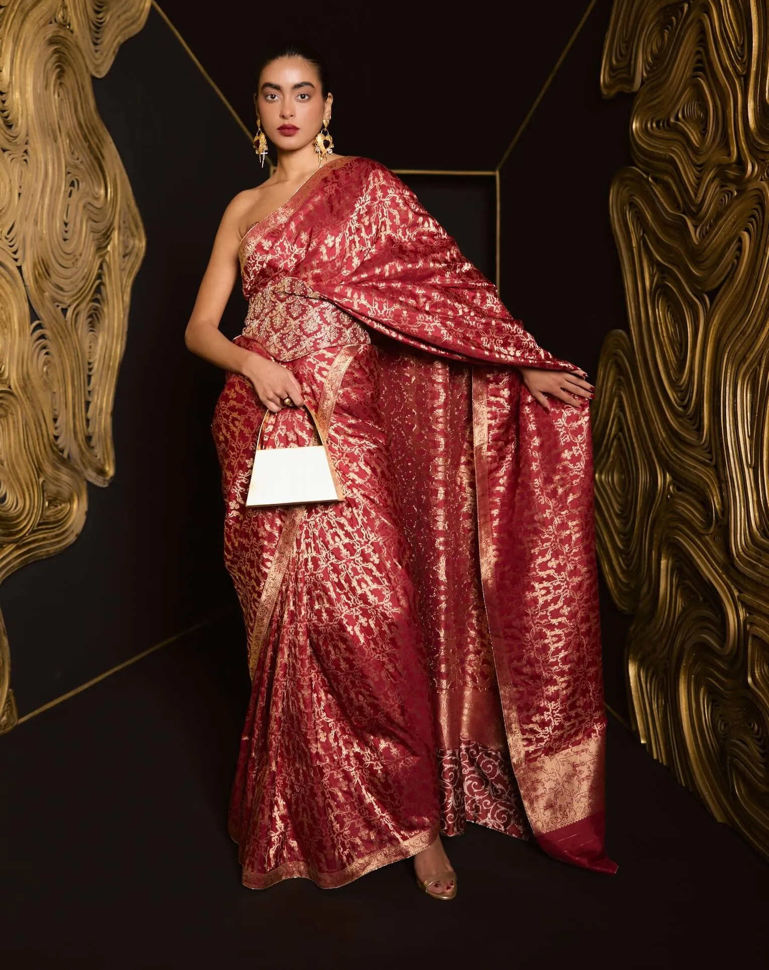 Maroon cutwork sari