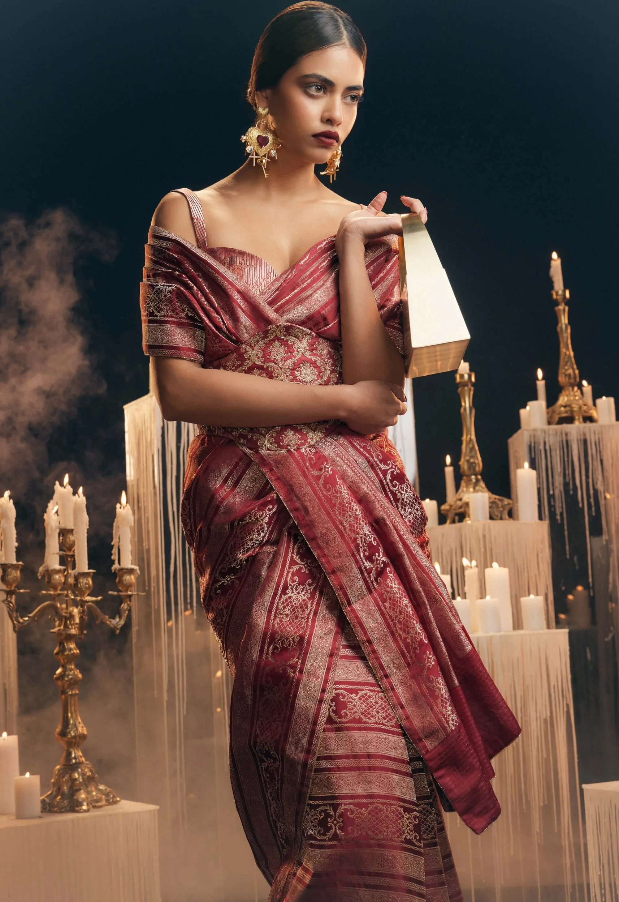 Maroon satin silk sari