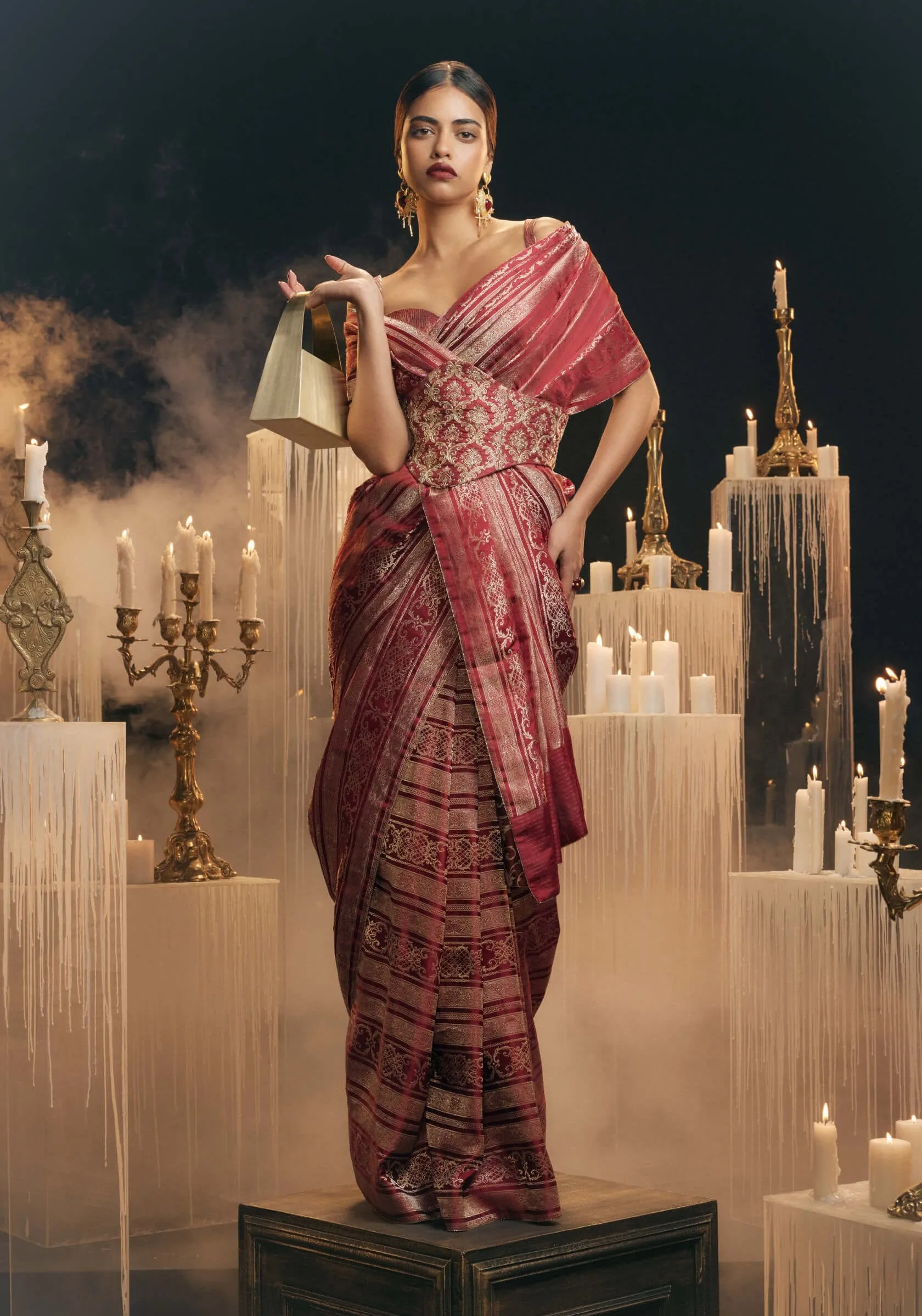 Maroon satin silk sari