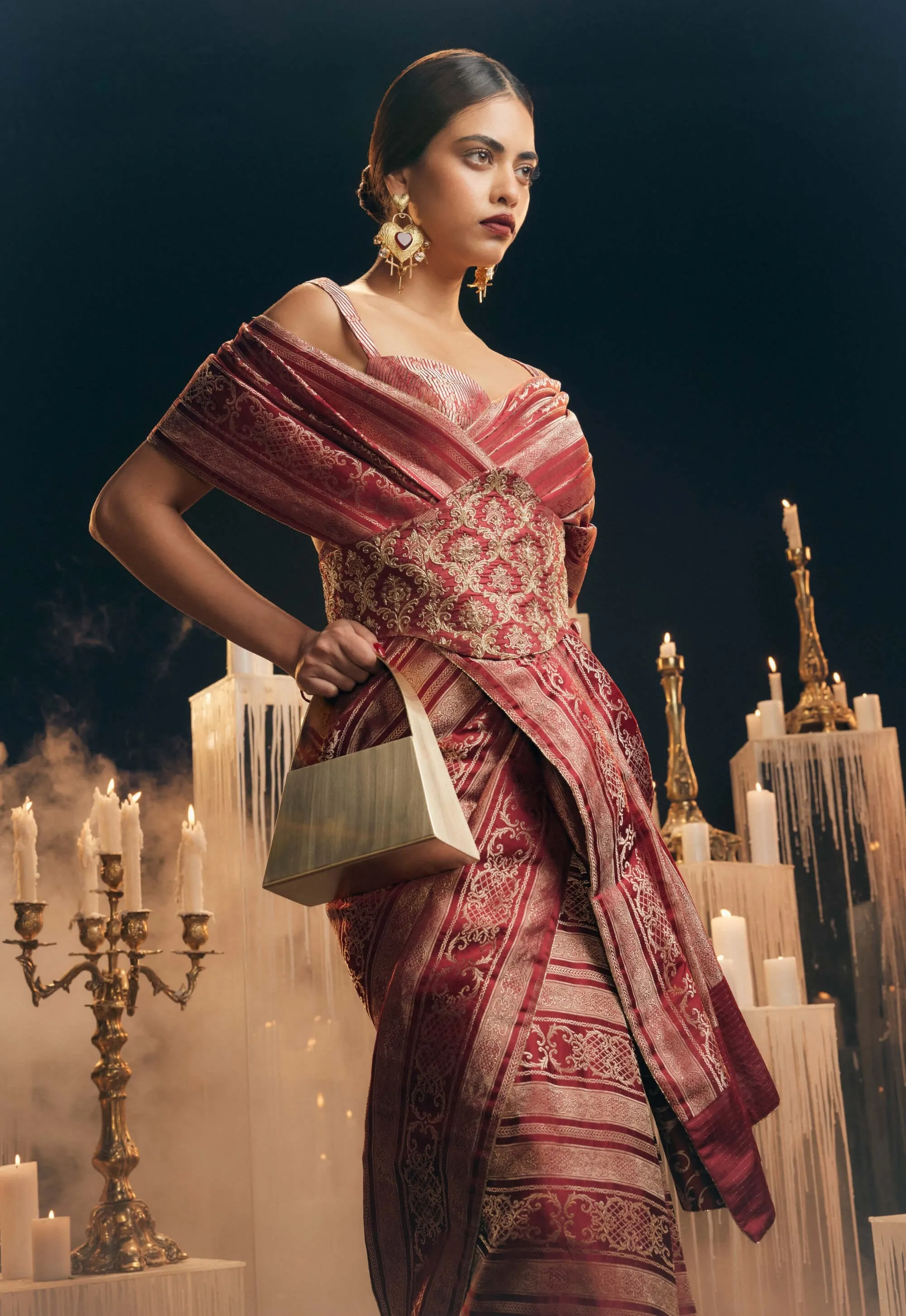 Maroon satin silk sari