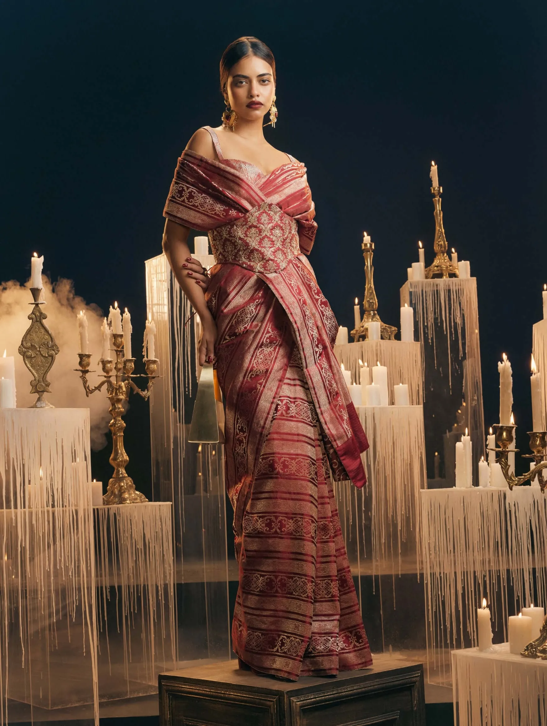 Maroon satin silk sari