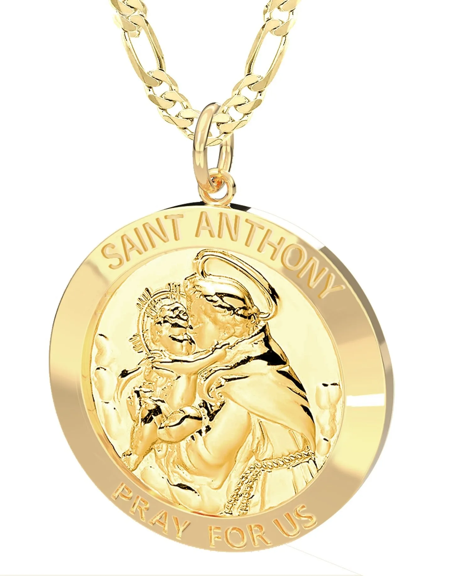 Men's 14K Gold Solid Saint Anthony Medal Pendant Necklace, 25mm