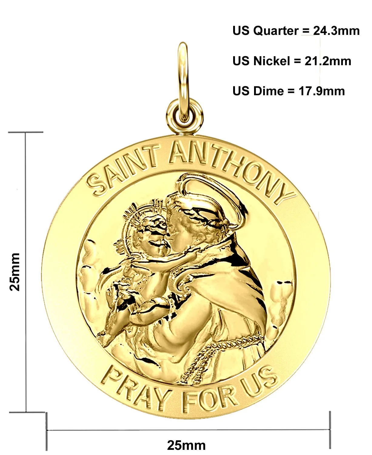 Men's 14K Gold Solid Saint Anthony Medal Pendant Necklace, 25mm