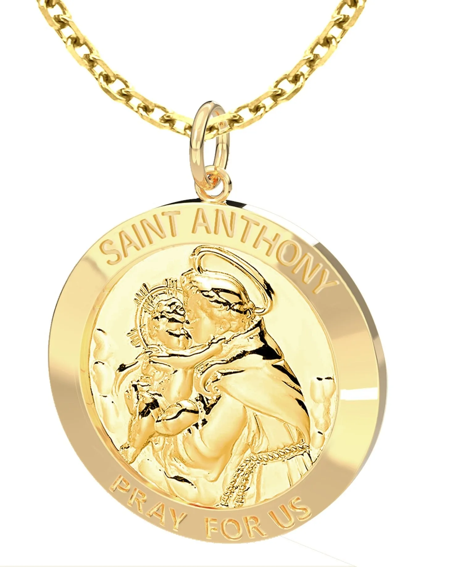 Men's 14K Gold Solid Saint Anthony Medal Pendant Necklace, 25mm