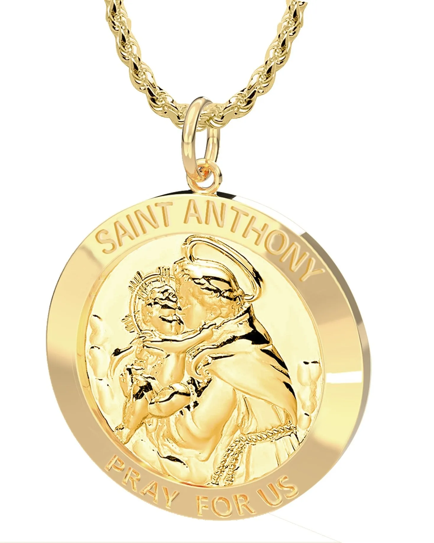 Men's 14K Gold Solid Saint Anthony Medal Pendant Necklace, 25mm