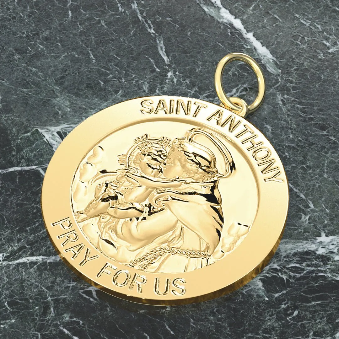 Men's 14K Gold Solid Saint Anthony Medal Pendant Necklace, 25mm
