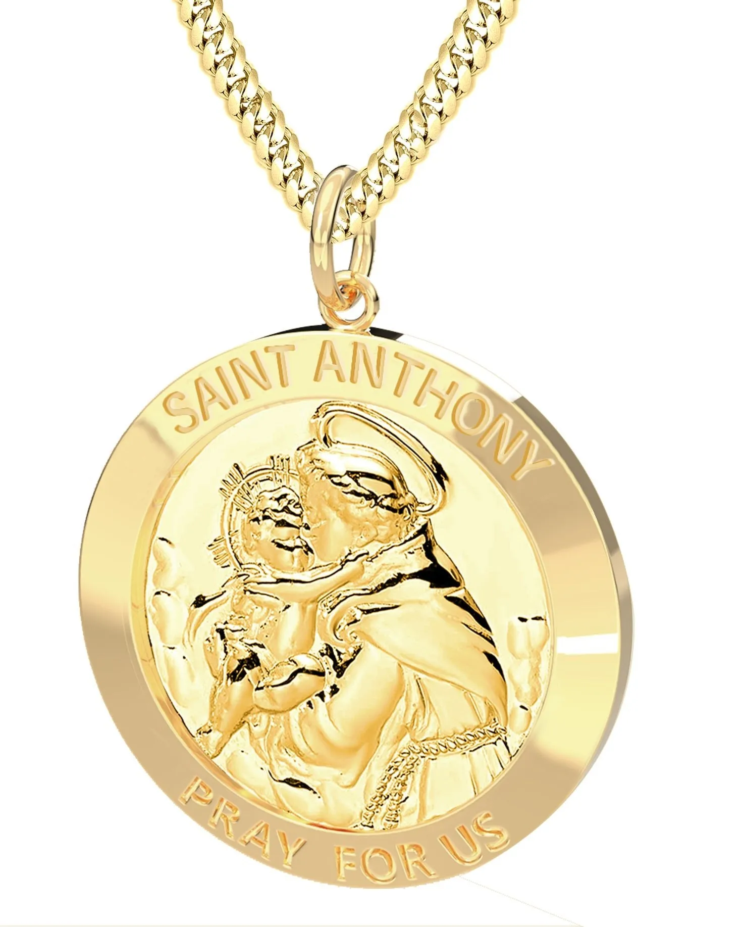 Men's 14K Gold Solid Saint Anthony Medal Pendant Necklace, 25mm