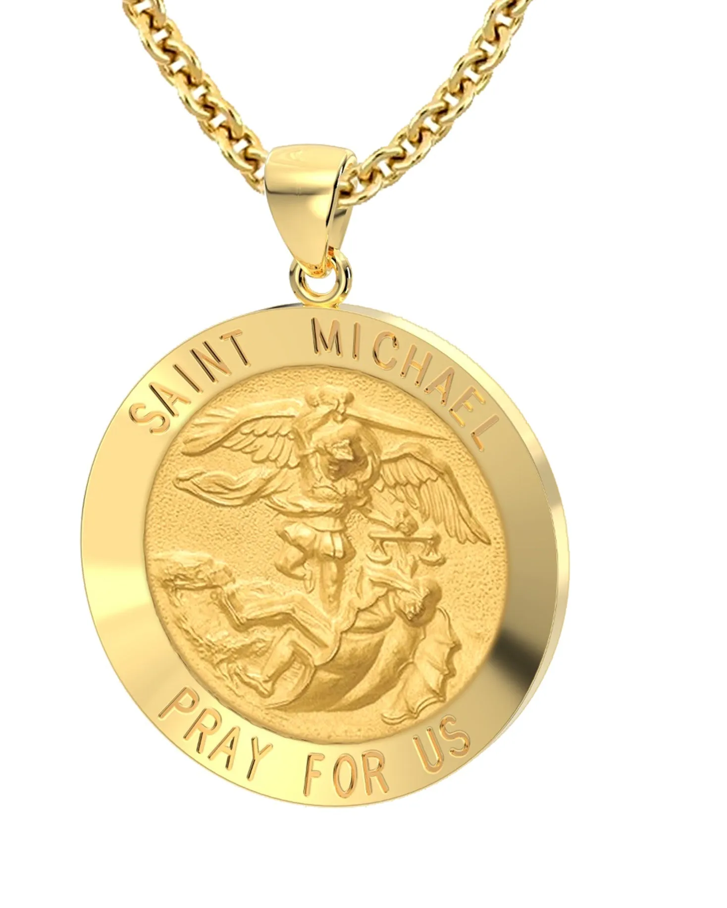 Men's 14k Yellow Gold Round St Saint Michael Hollow Medal Pendant Necklace, 25mm