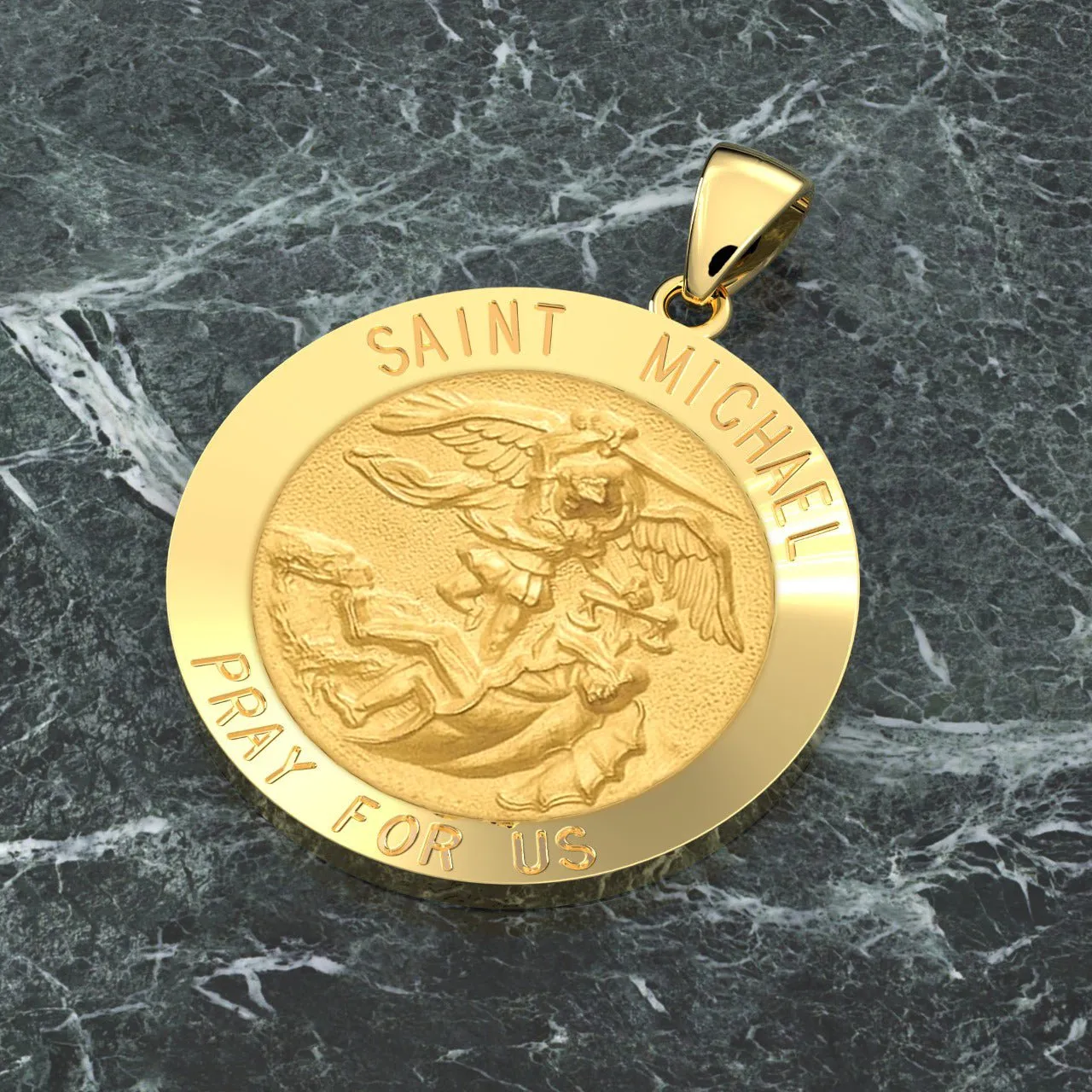 Men's 14k Yellow Gold Round St Saint Michael Hollow Medal Pendant Necklace, 25mm