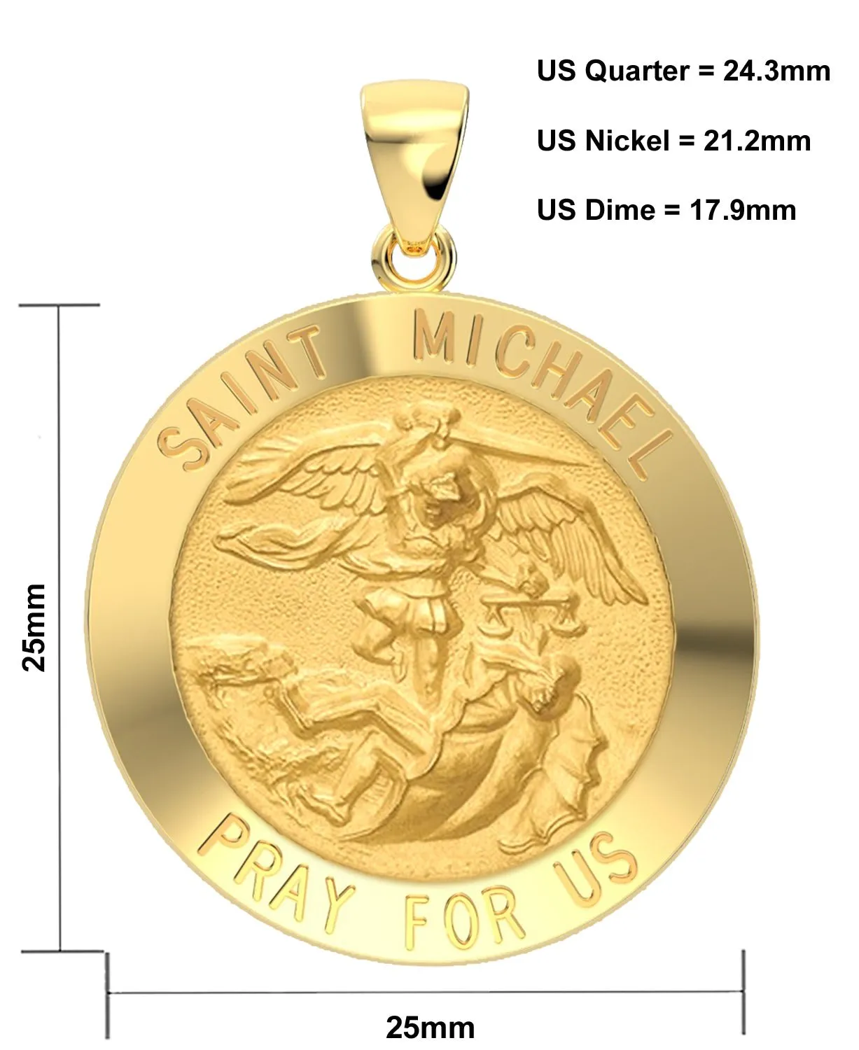 Men's 14k Yellow Gold Round St Saint Michael Hollow Medal Pendant Necklace, 25mm