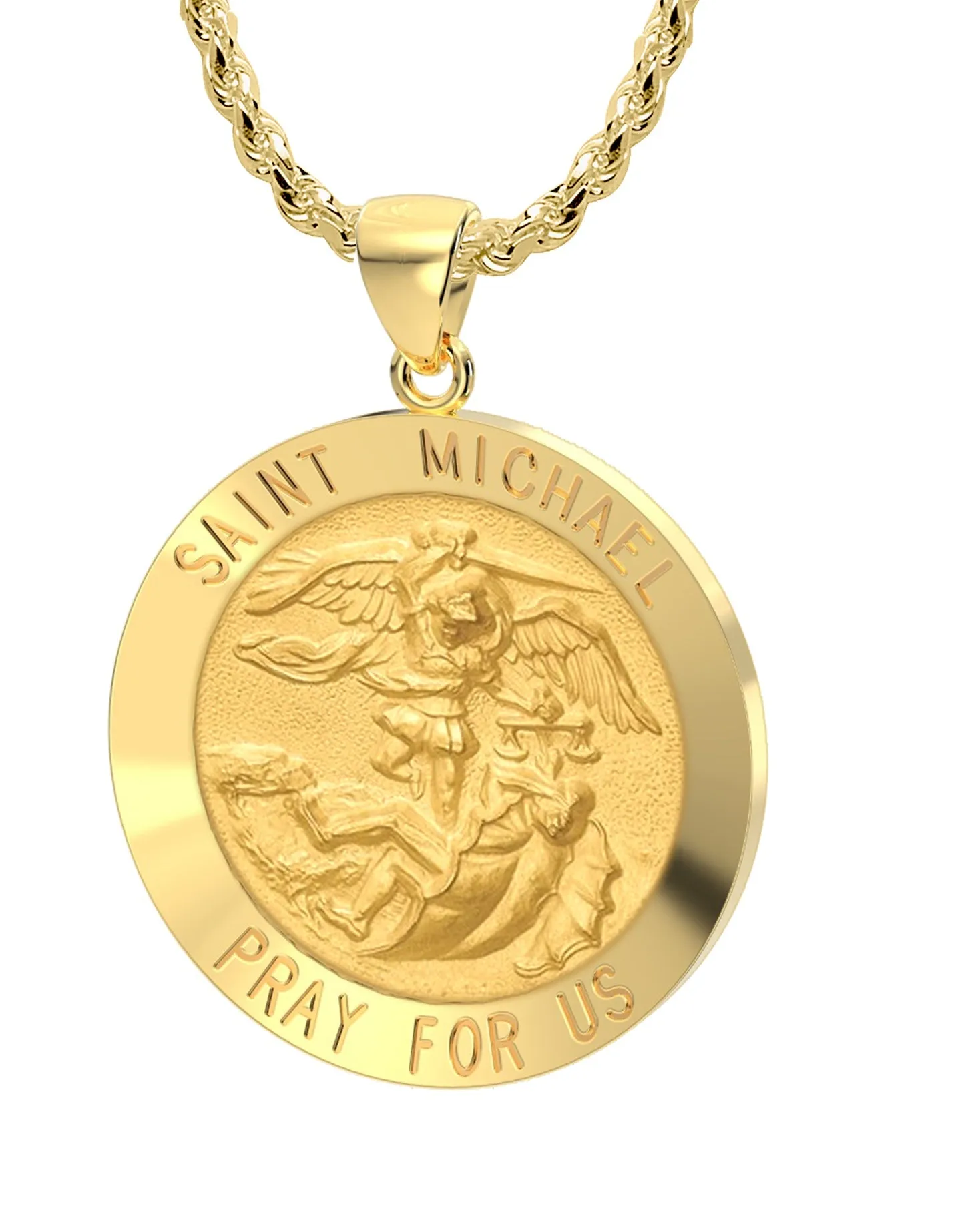 Men's 14k Yellow Gold Round St Saint Michael Hollow Medal Pendant Necklace, 25mm