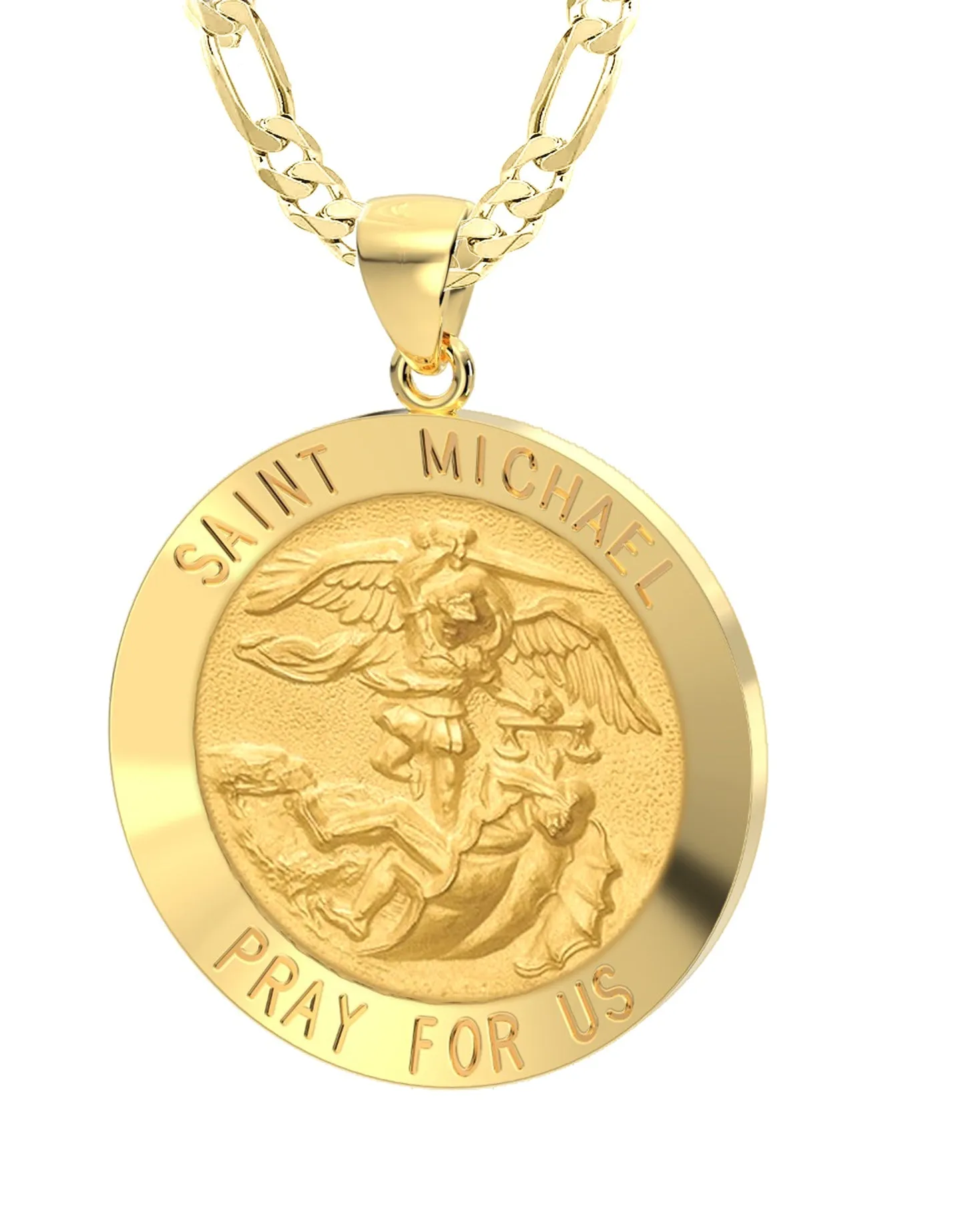Men's 14k Yellow Gold Round St Saint Michael Hollow Medal Pendant Necklace, 25mm