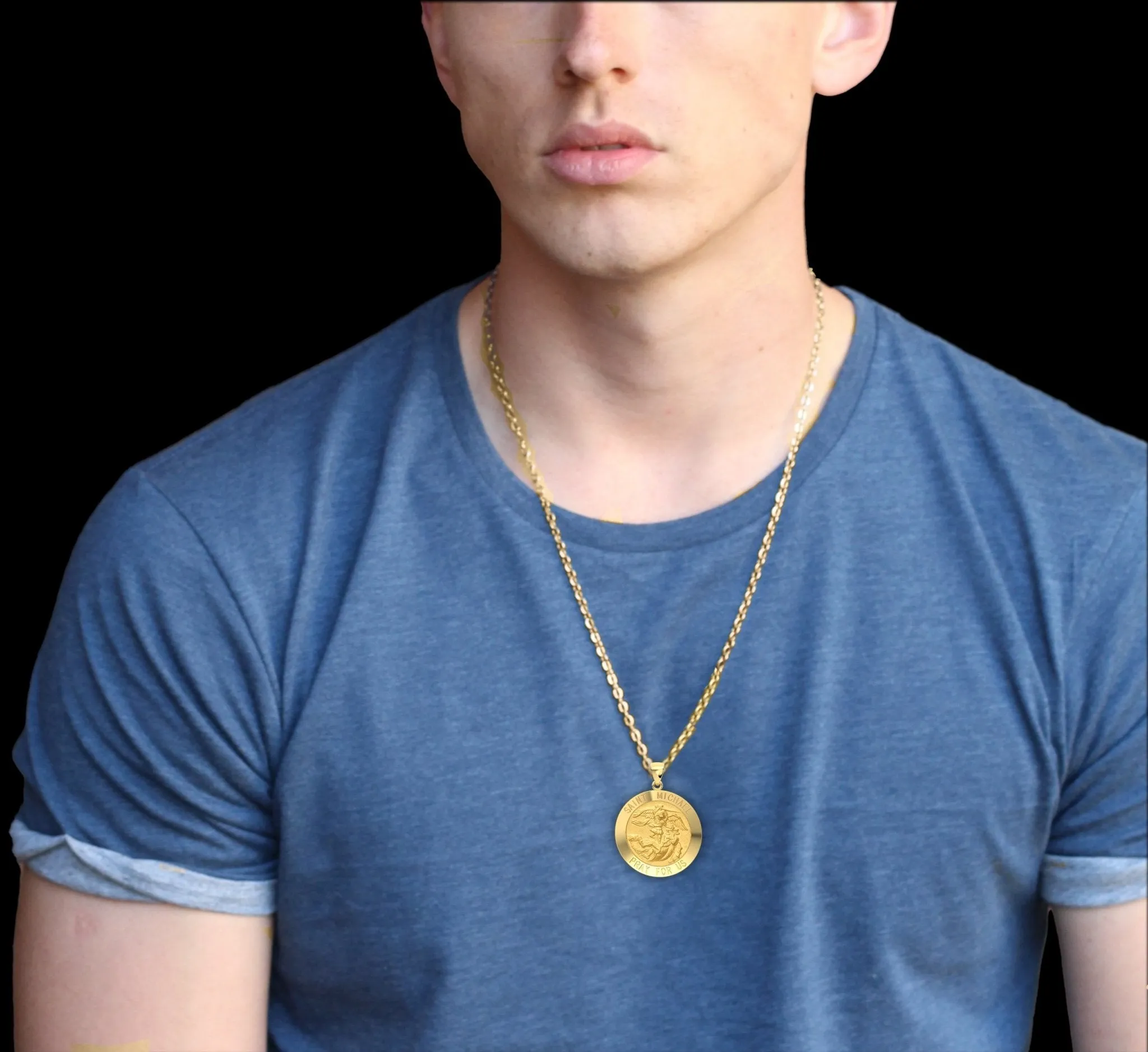 Men's 14k Yellow Gold Round St Saint Michael Hollow Medal Pendant Necklace, 25mm