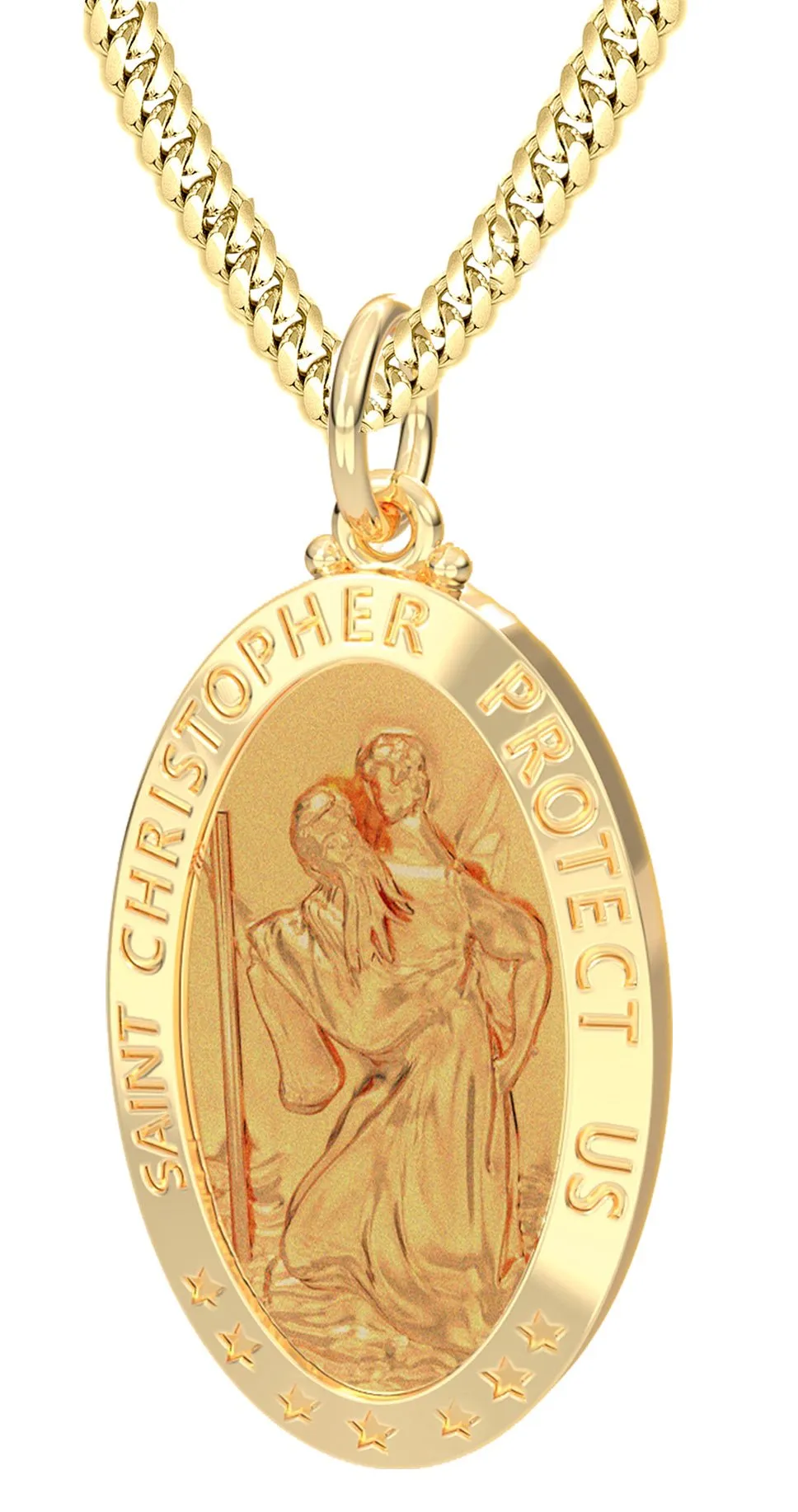 Men's 14k Yellow Gold St Christopher Oval Polished Solid Pendant Necklace, 32mm
