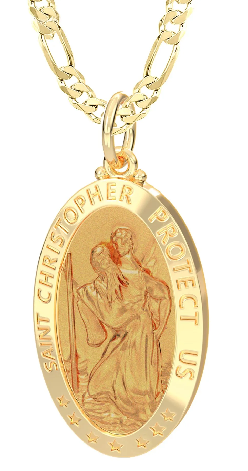 Men's 14k Yellow Gold St Christopher Oval Polished Solid Pendant Necklace, 32mm