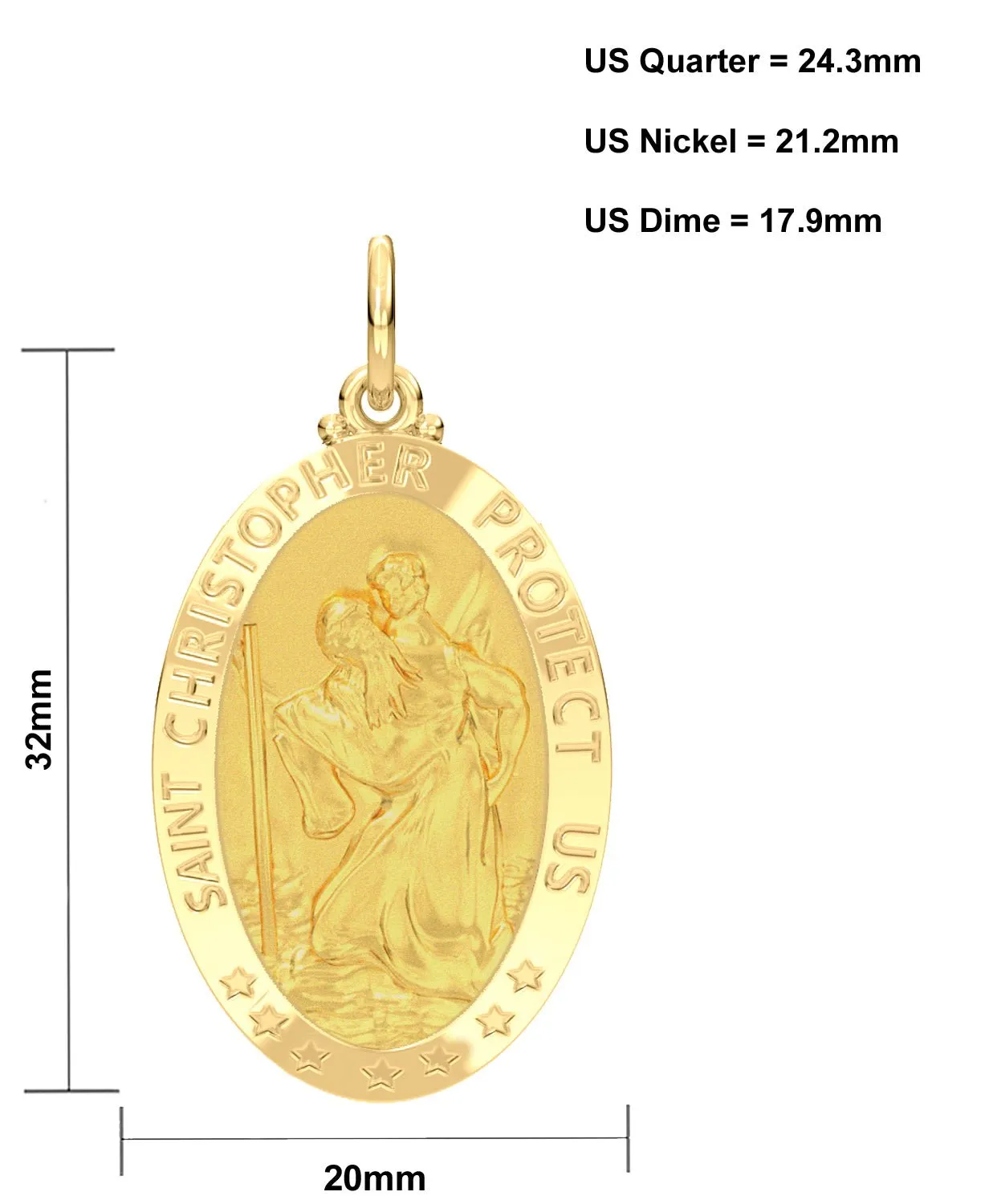 Men's 14k Yellow Gold St Christopher Oval Polished Solid Pendant Necklace, 32mm