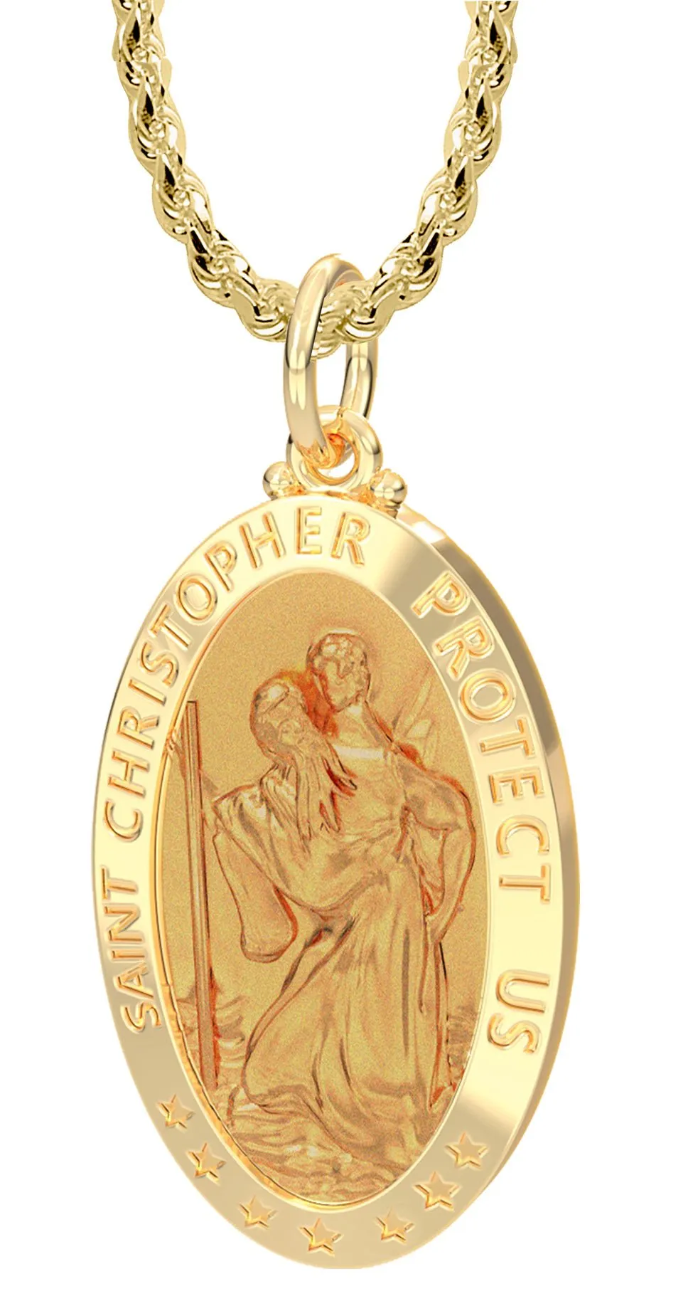 Men's 14k Yellow Gold St Christopher Oval Polished Solid Pendant Necklace, 32mm