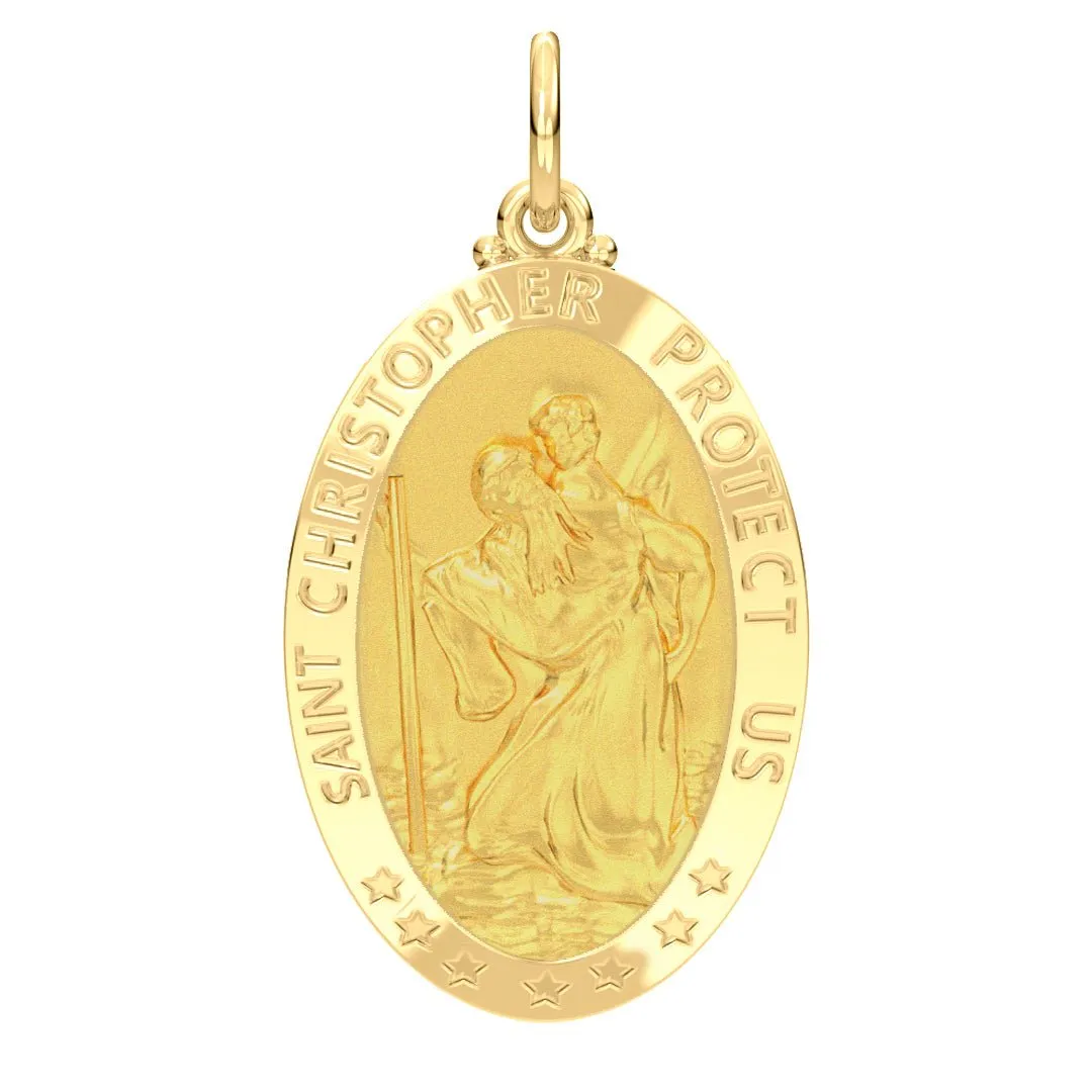 Men's 14k Yellow Gold St Christopher Oval Polished Solid Pendant Necklace, 32mm