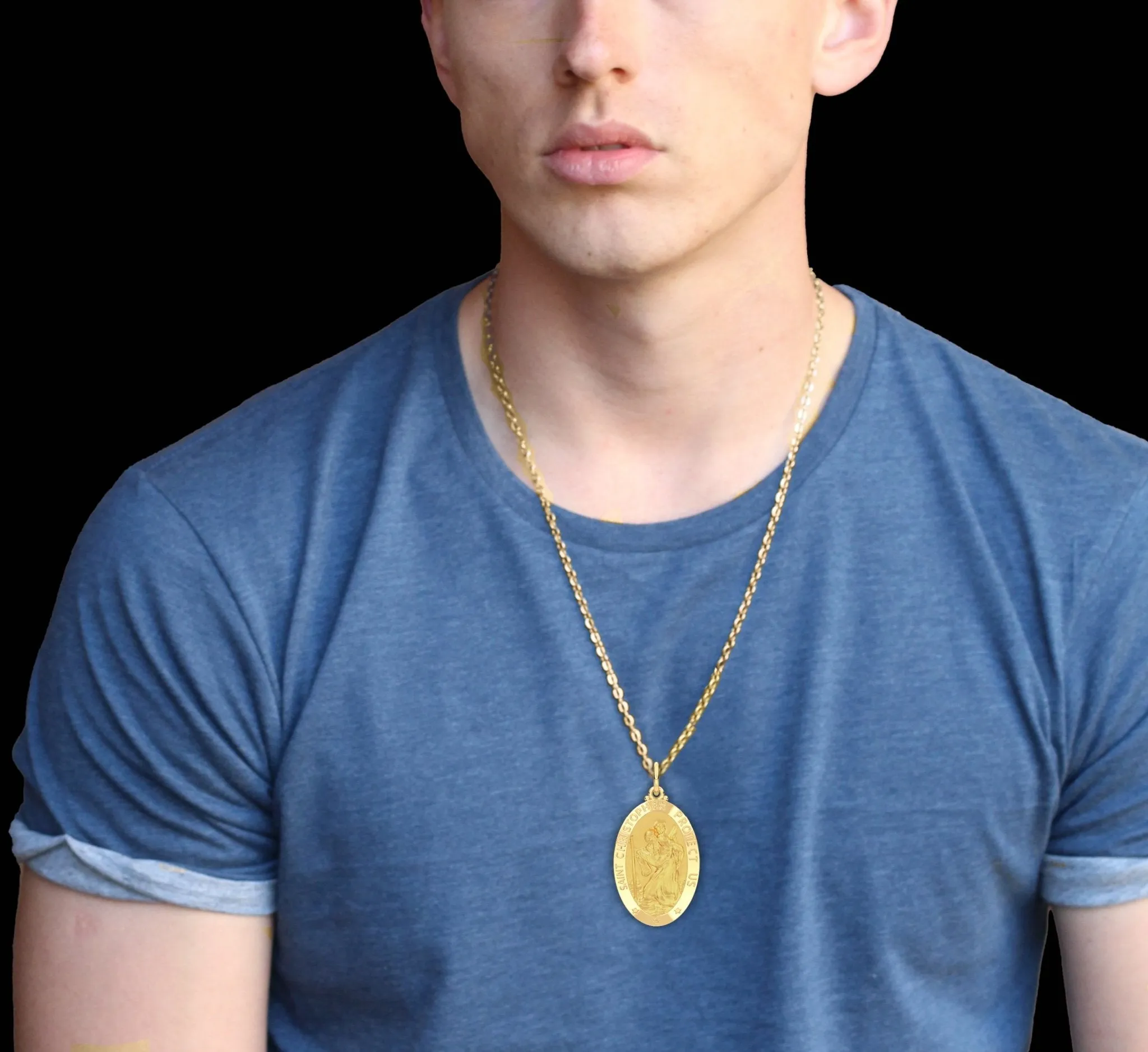 Men's 14k Yellow Gold St Christopher Oval Polished Solid Pendant Necklace, 32mm