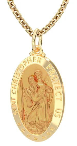 Men's 14k Yellow Gold St Christopher Oval Polished Solid Pendant Necklace, 32mm