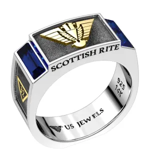 Men's 8mm Two Tone 925 Sterling Silver Scottish Rite Synthetic Sapphire Masonic Ring