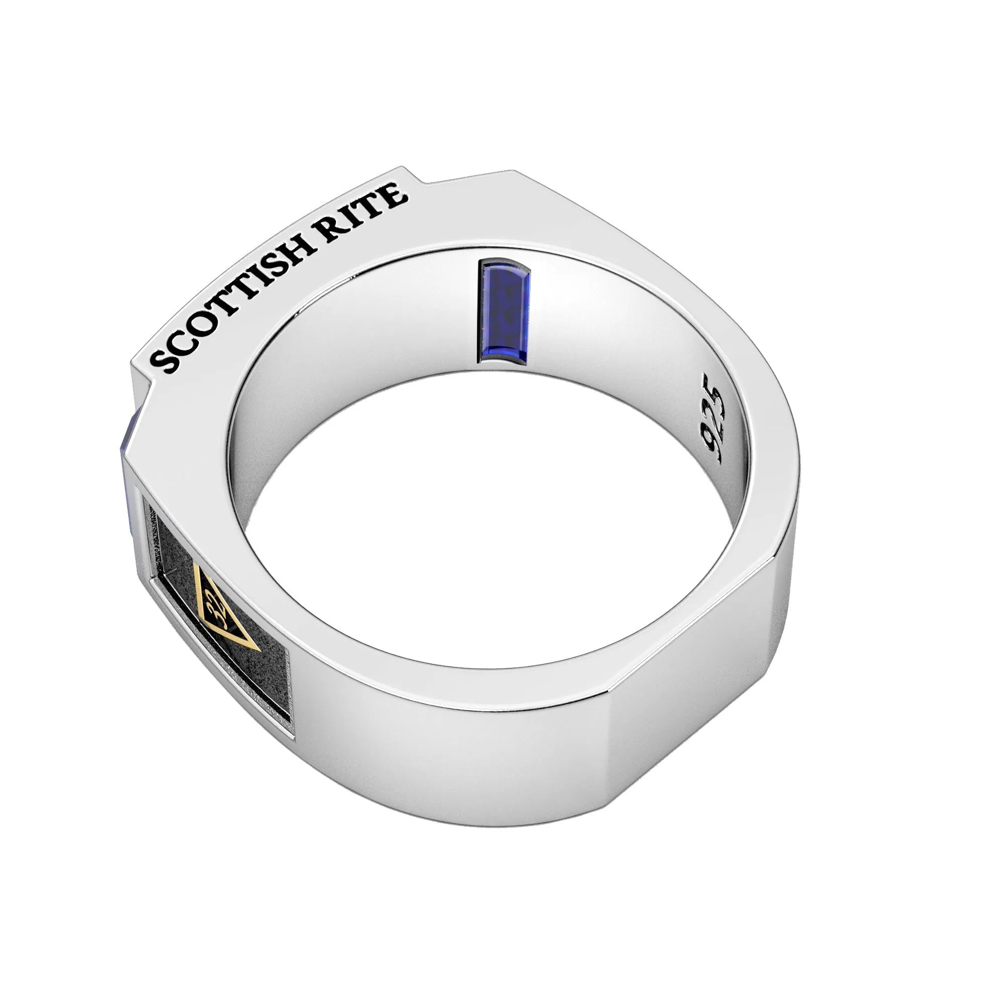 Men's 8mm Two Tone 925 Sterling Silver Scottish Rite Synthetic Sapphire Masonic Ring