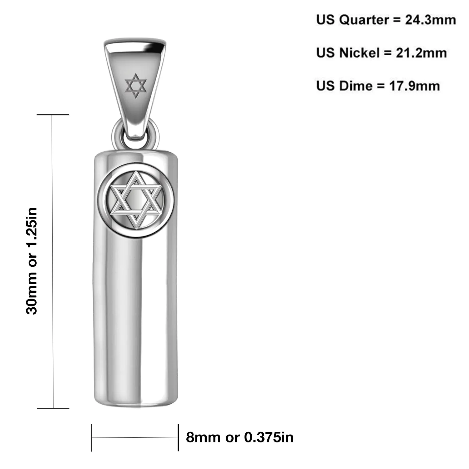 Men's 925 Sterling Silver Jewish Star of David Mezuzah Pendant Necklace, 30mm