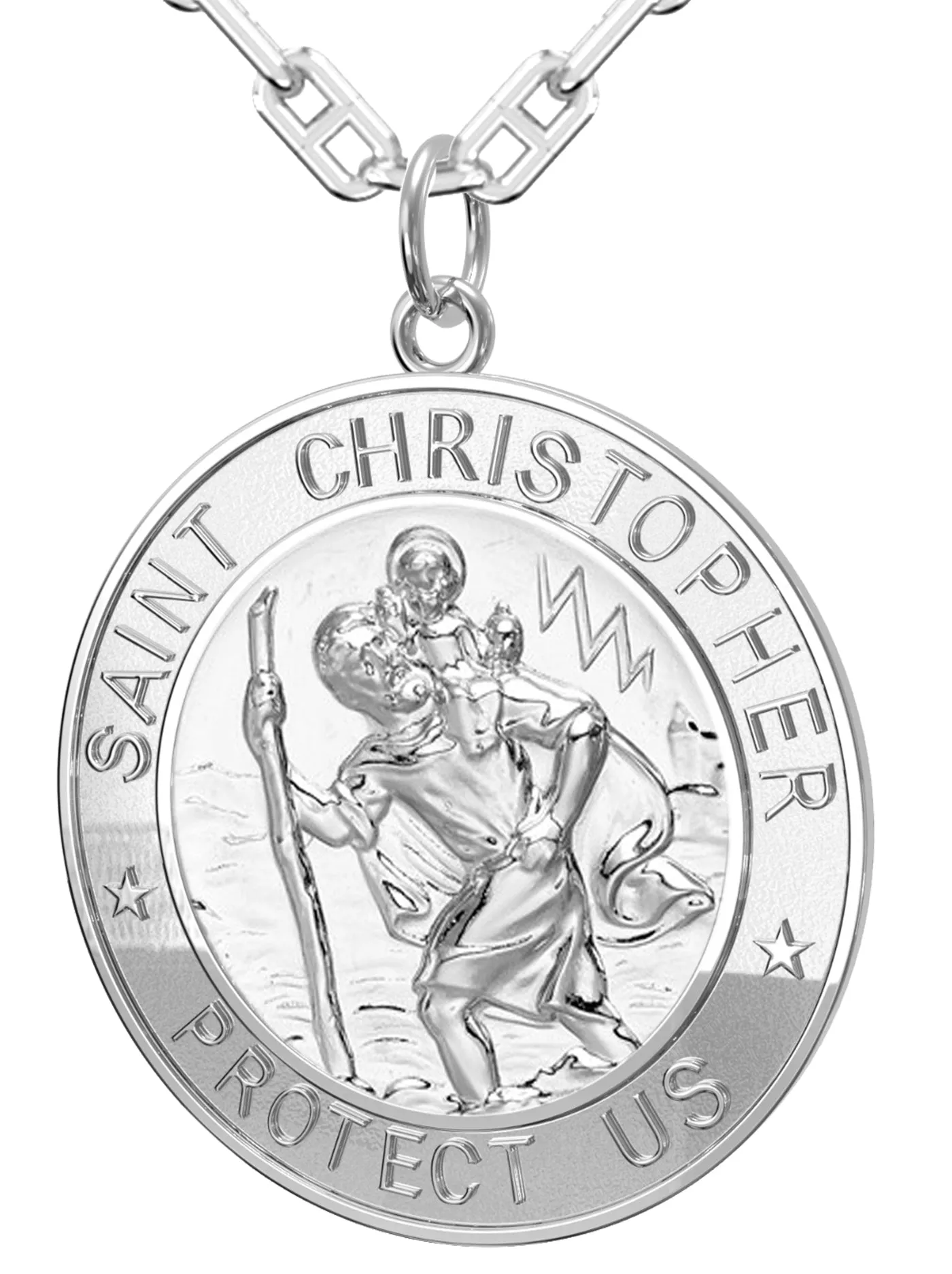 Men's 925 Sterling Silver Saint Christopher Round Polished Pendant Necklace, 33mm