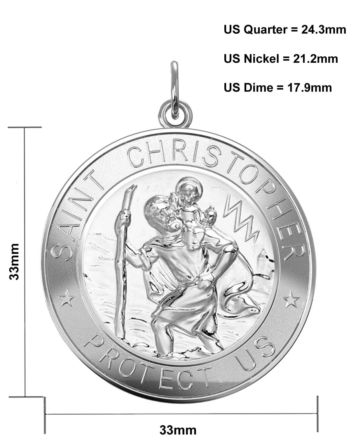 Men's 925 Sterling Silver Saint Christopher Round Polished Pendant Necklace, 33mm