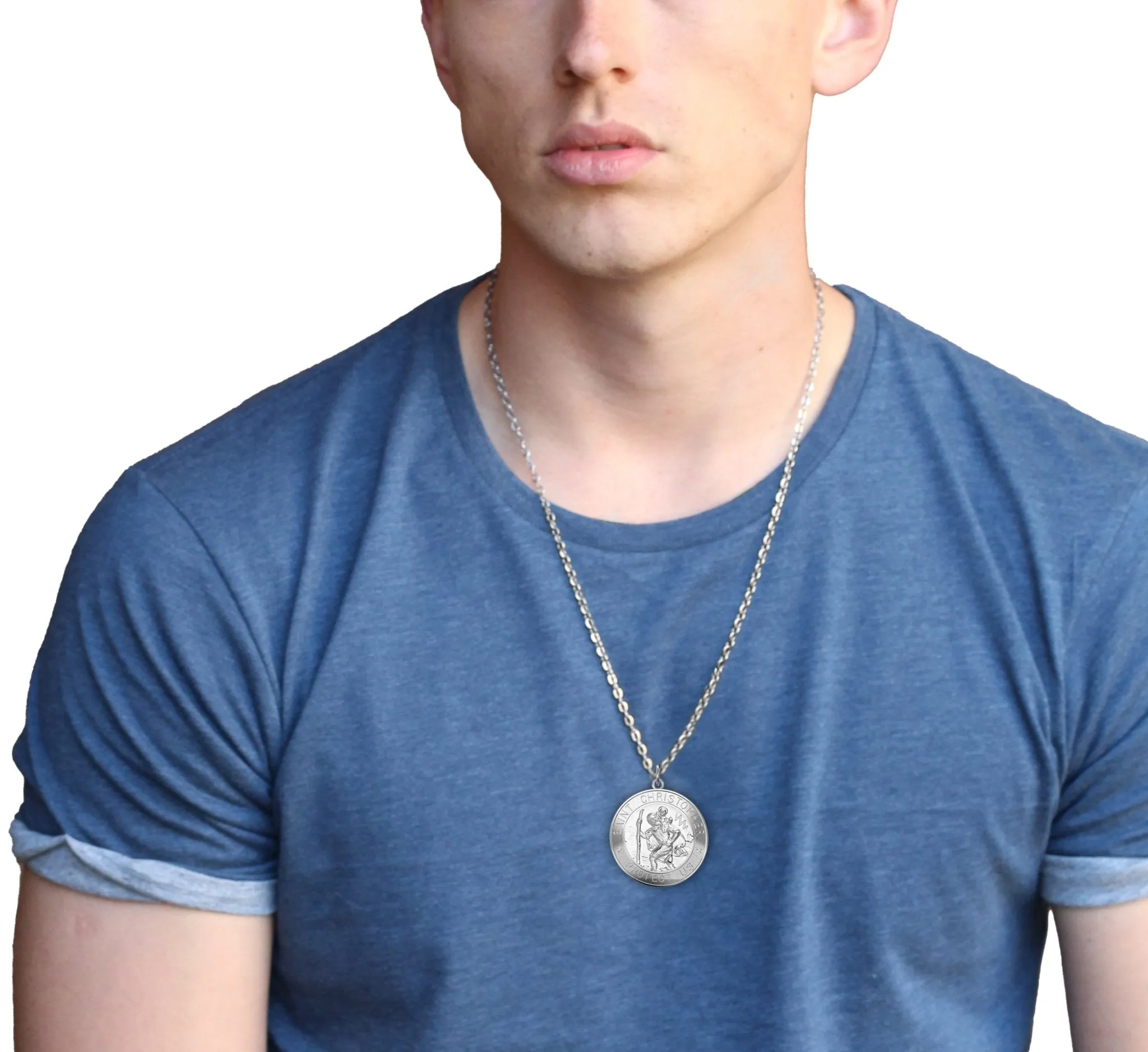 Men's 925 Sterling Silver Saint Christopher Round Polished Pendant Necklace, 33mm