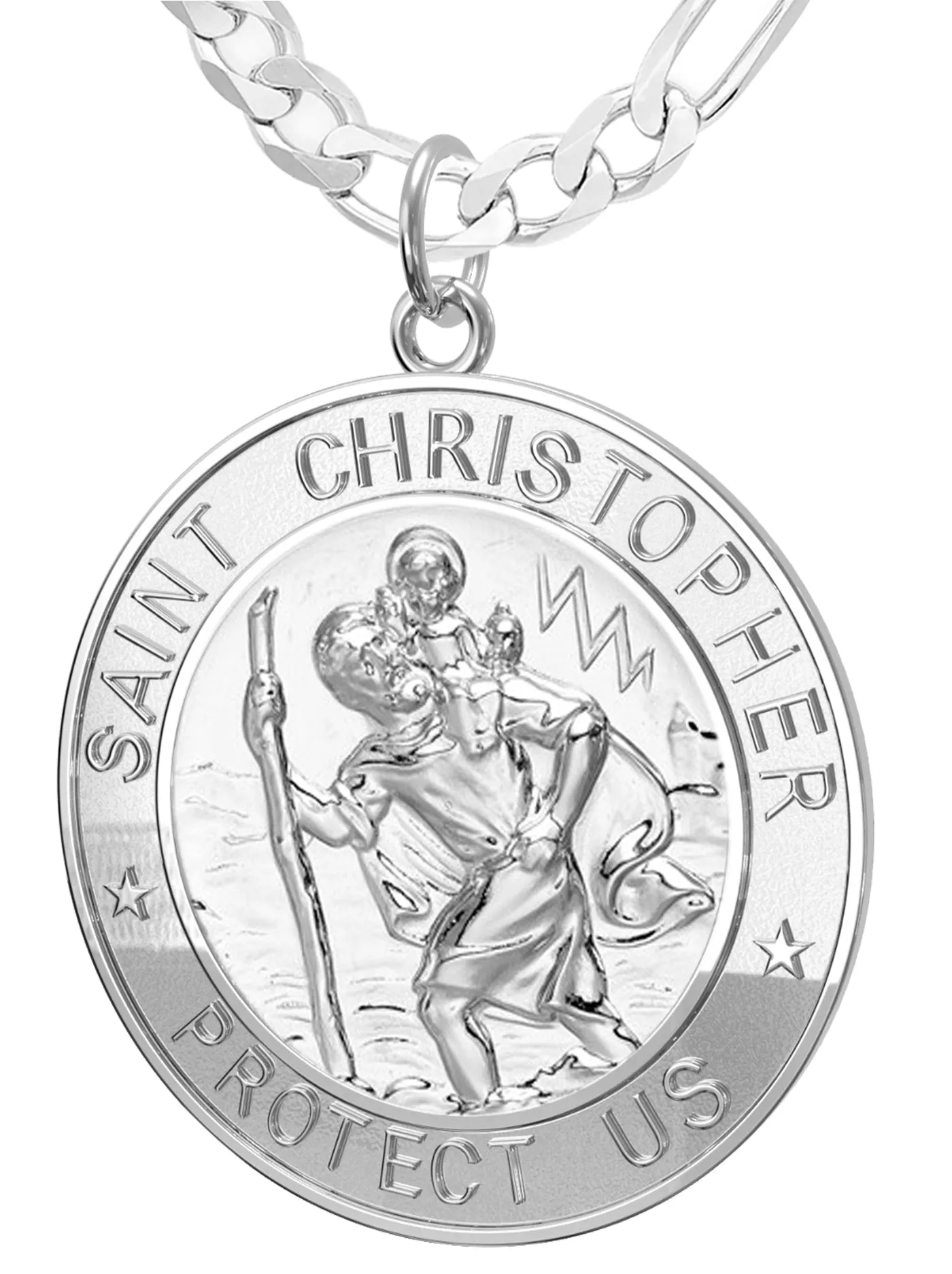Men's 925 Sterling Silver Saint Christopher Round Polished Pendant Necklace, 33mm