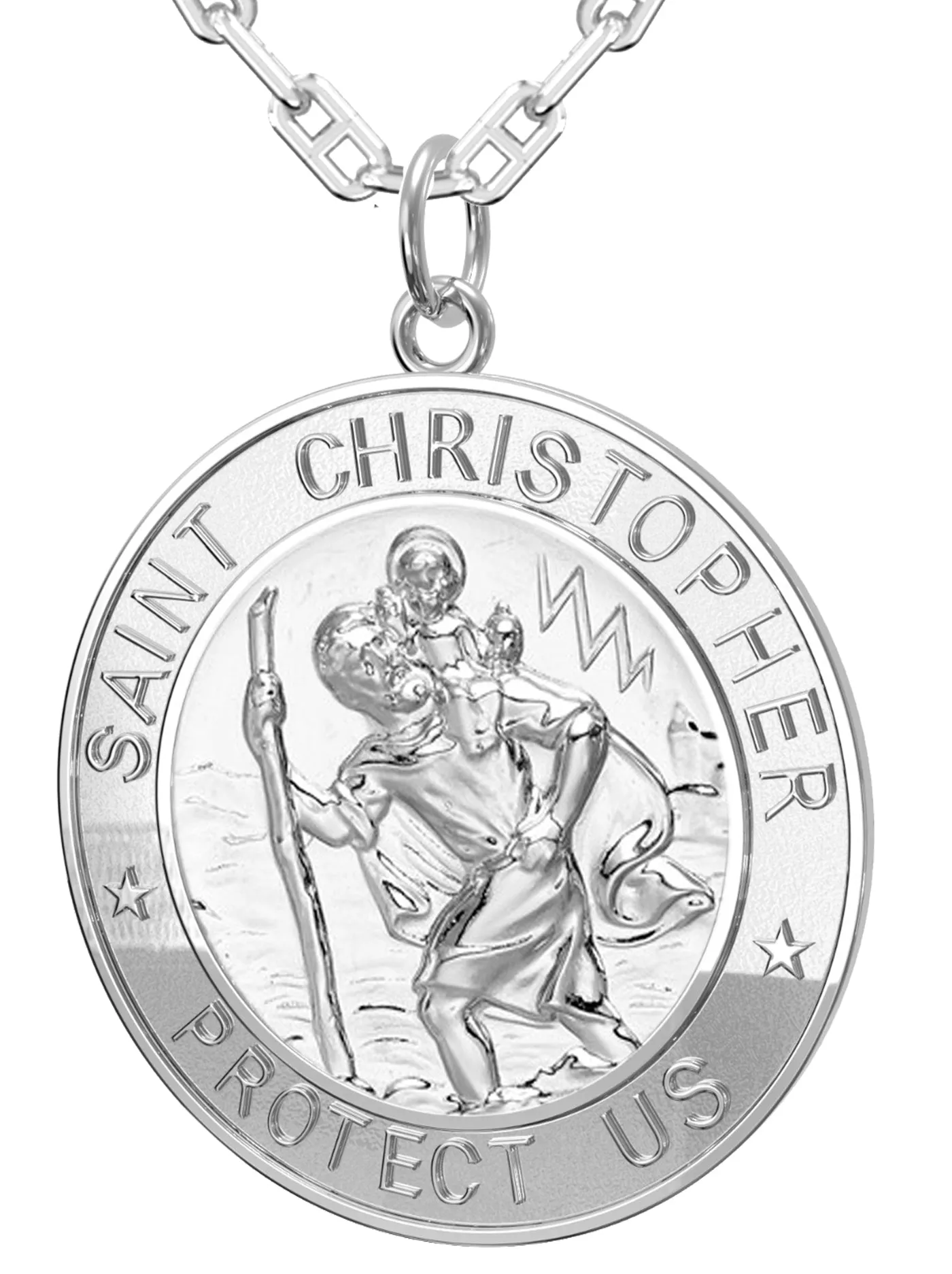 Men's 925 Sterling Silver Saint Christopher Round Polished Pendant Necklace, 33mm
