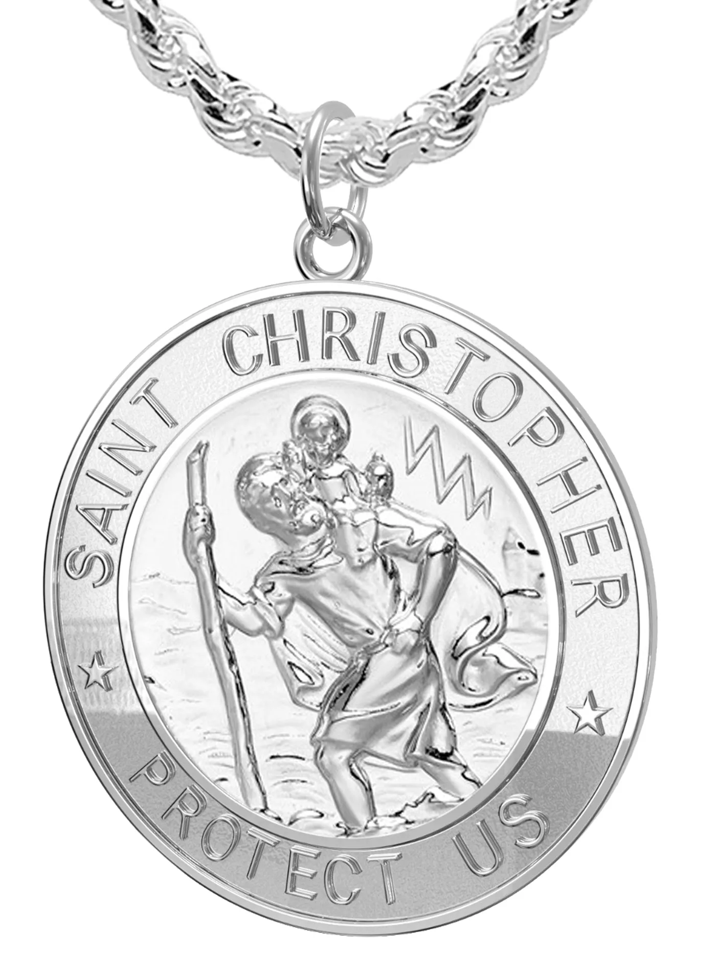 Men's 925 Sterling Silver Saint Christopher Round Polished Pendant Necklace, 33mm